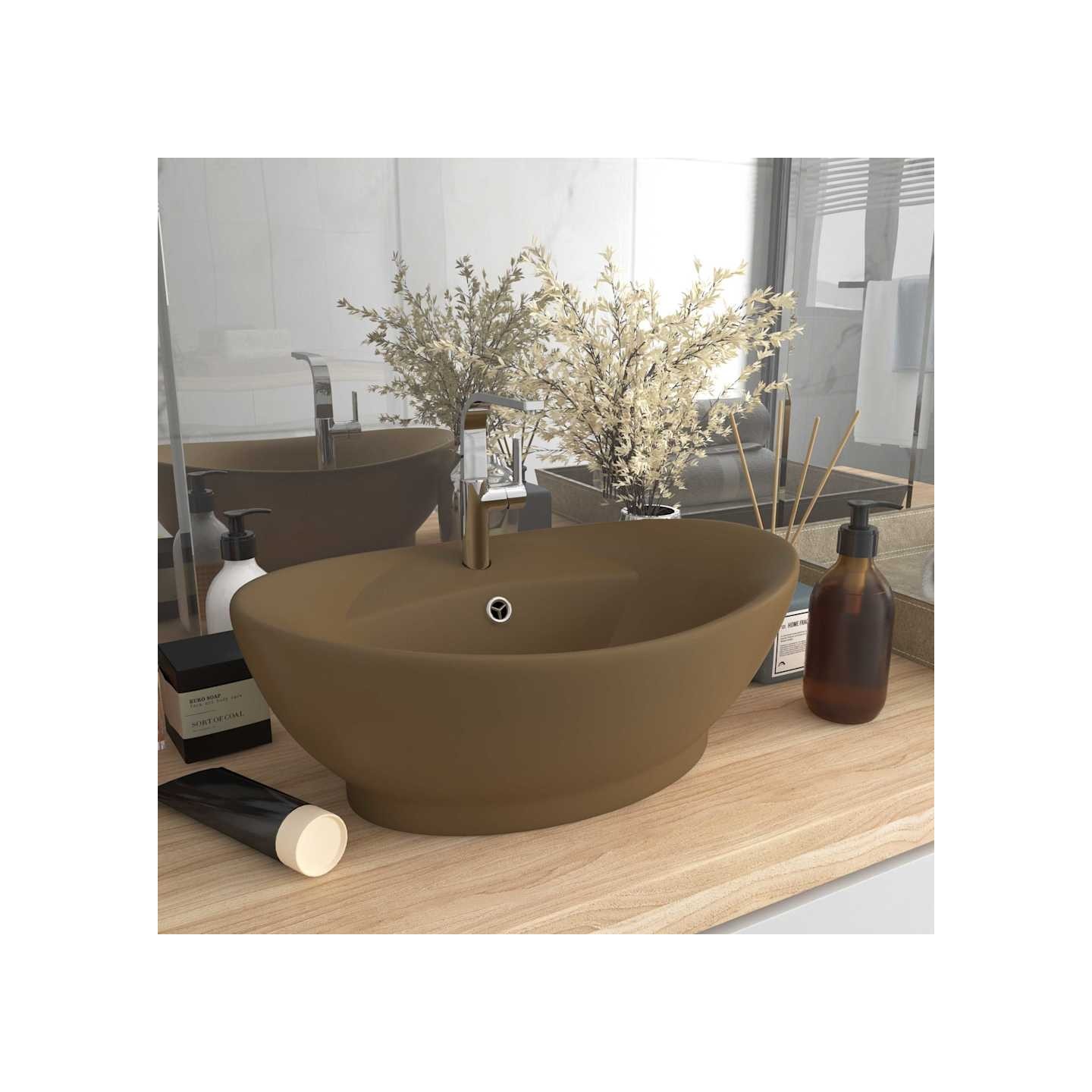 Lavabo ovale de luxe à trop-plein Crème mat 58,5x39cm Céramique