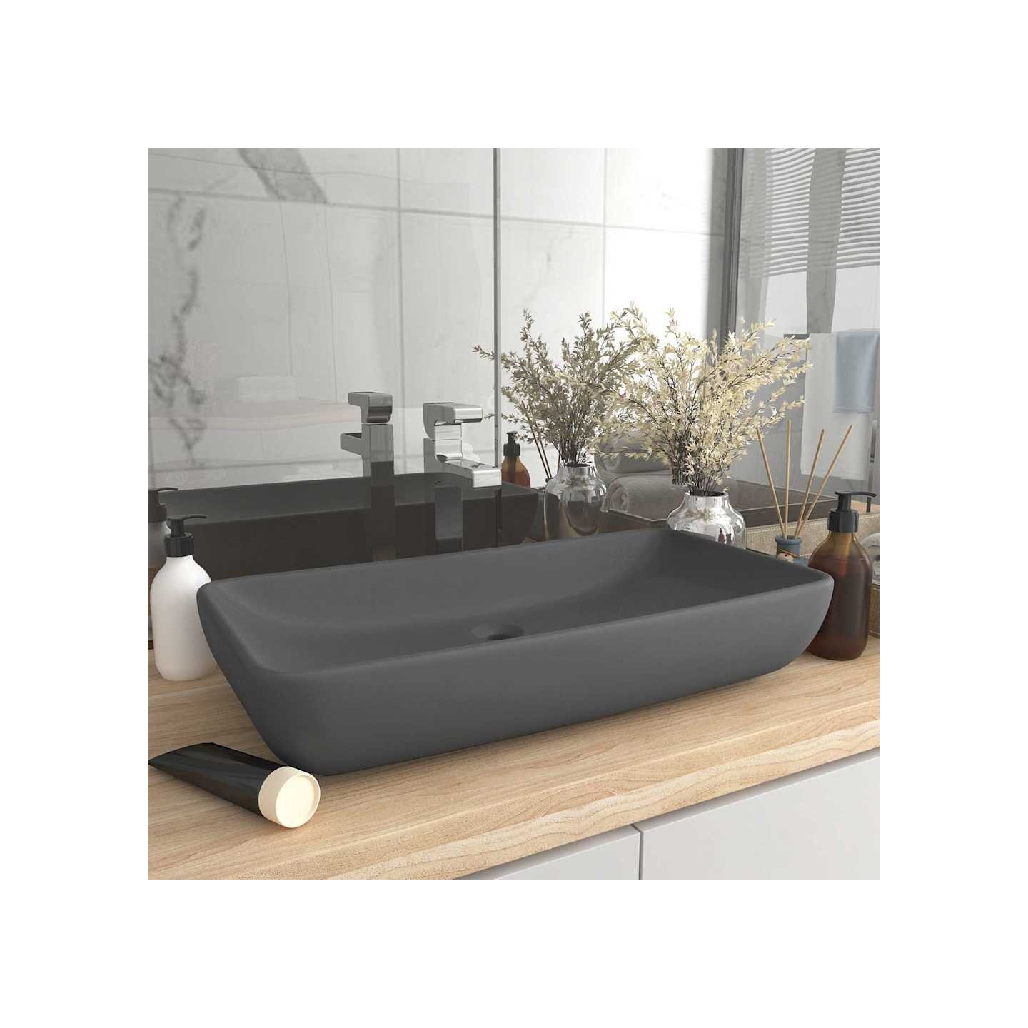 Lavabo de luxe rectangulaire Gris foncé mat 71x38 cm Céramique