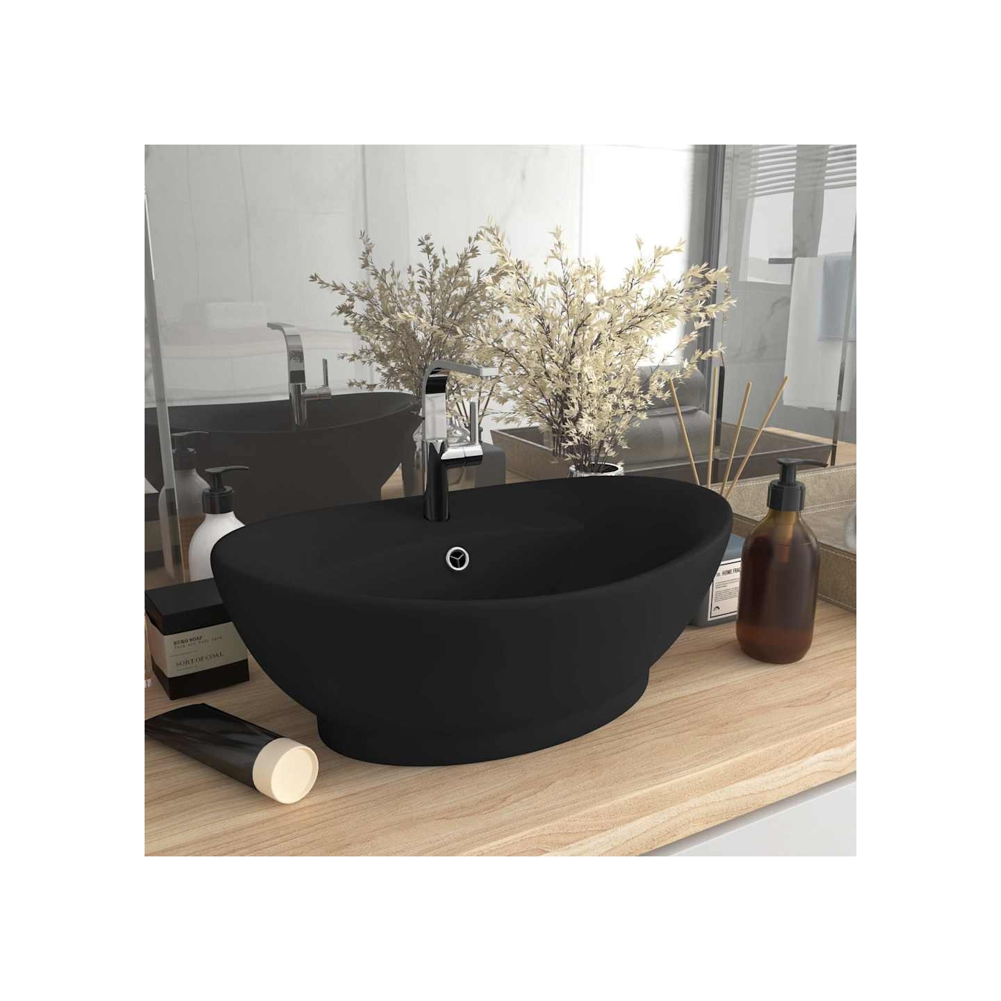 Lavabo ovale de luxe à trop-plein Noir mat 58,5x39 cm Céramique