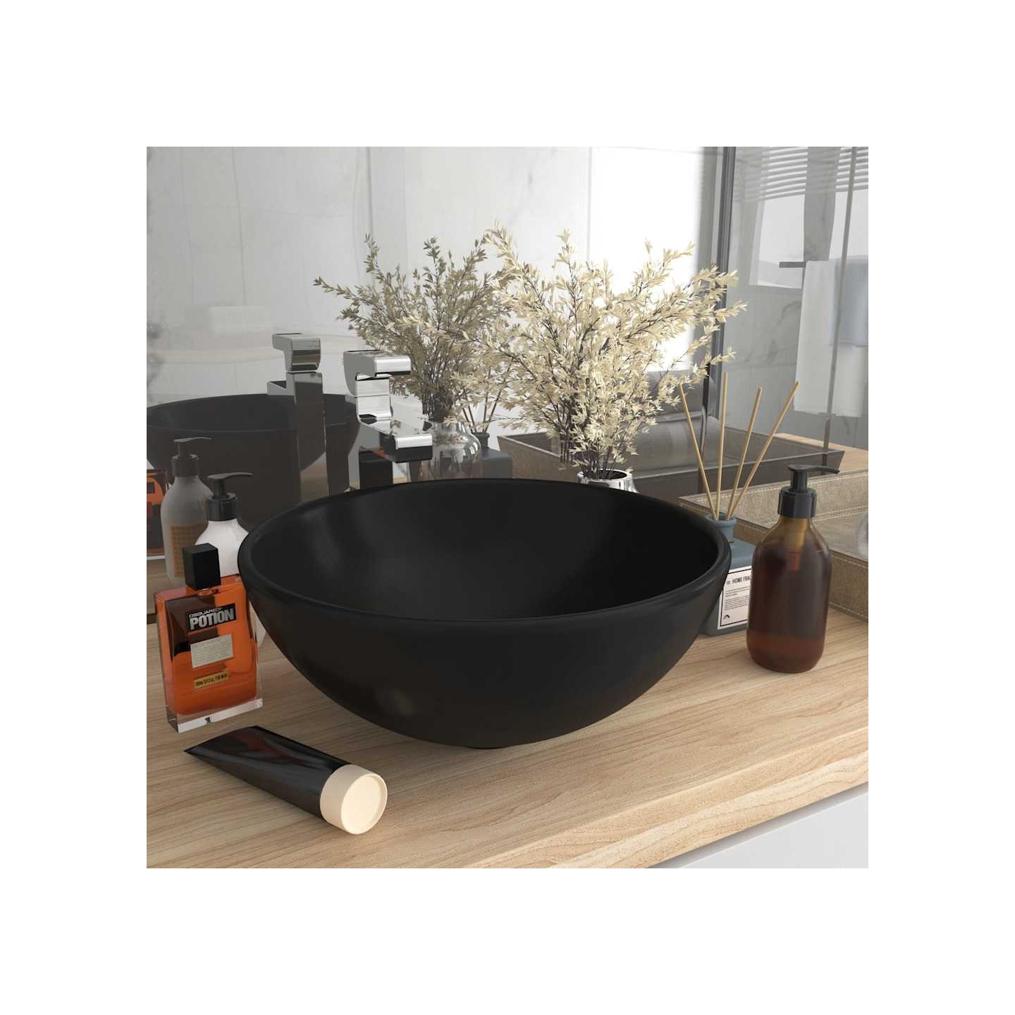 Lavabo rond de salle de bain Noir mat 32,5x14 cm Céramique