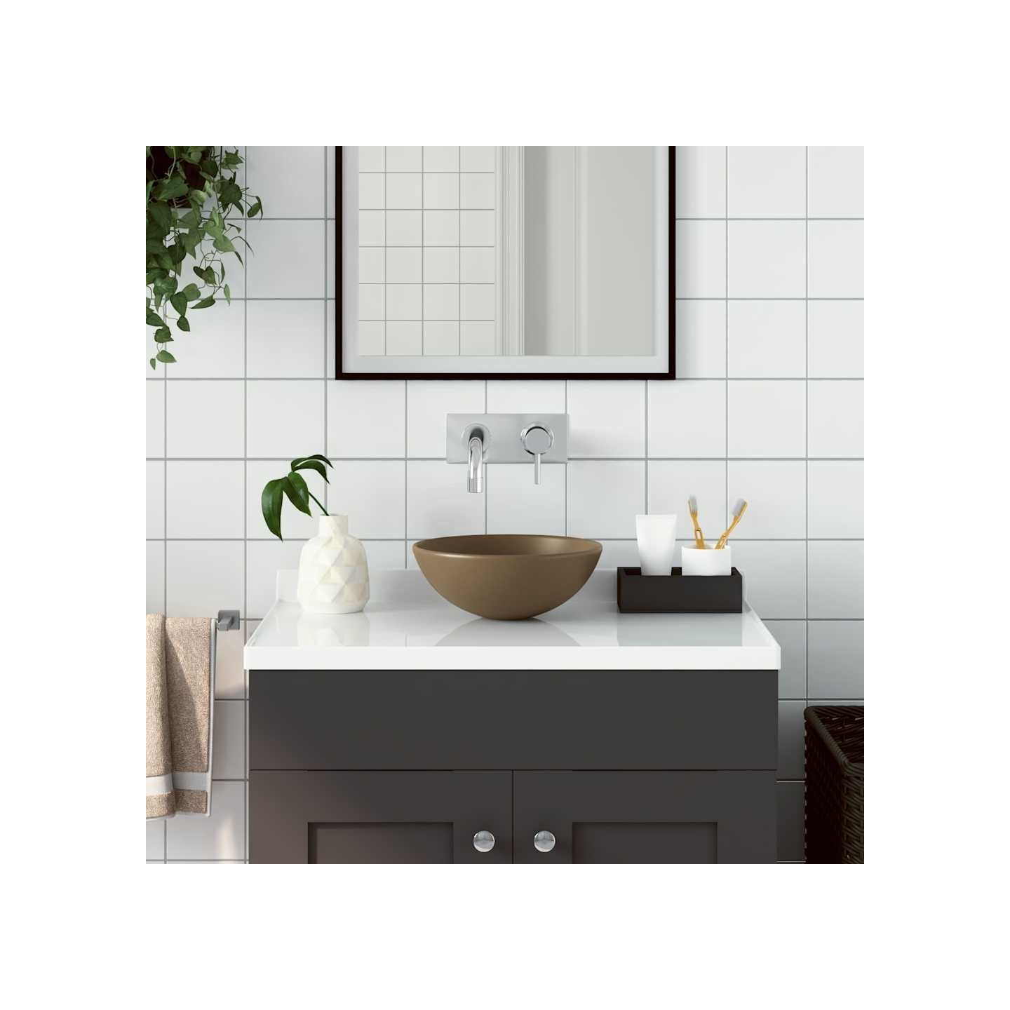 Lavabo de salle de bain Céramique Crème mat Rond