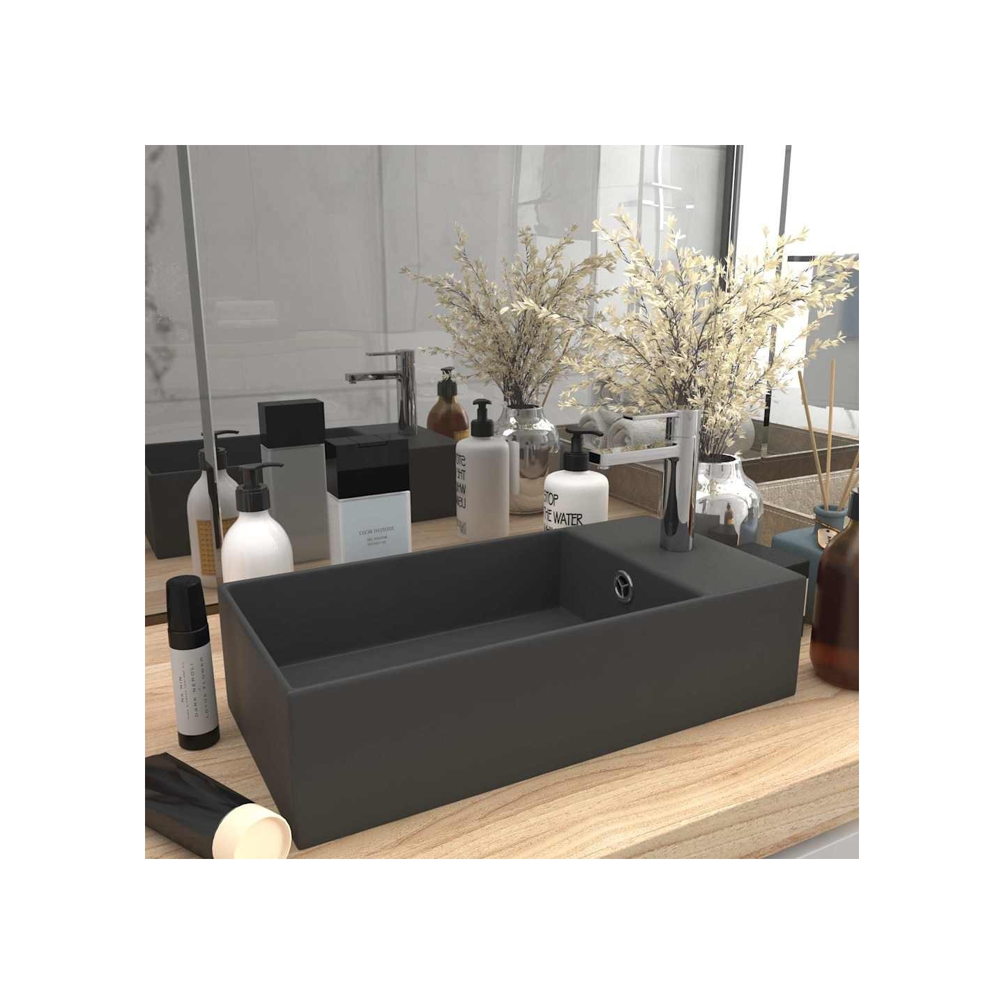 Lavabo de salle de bain avec trop-plein Céramique Gris foncé