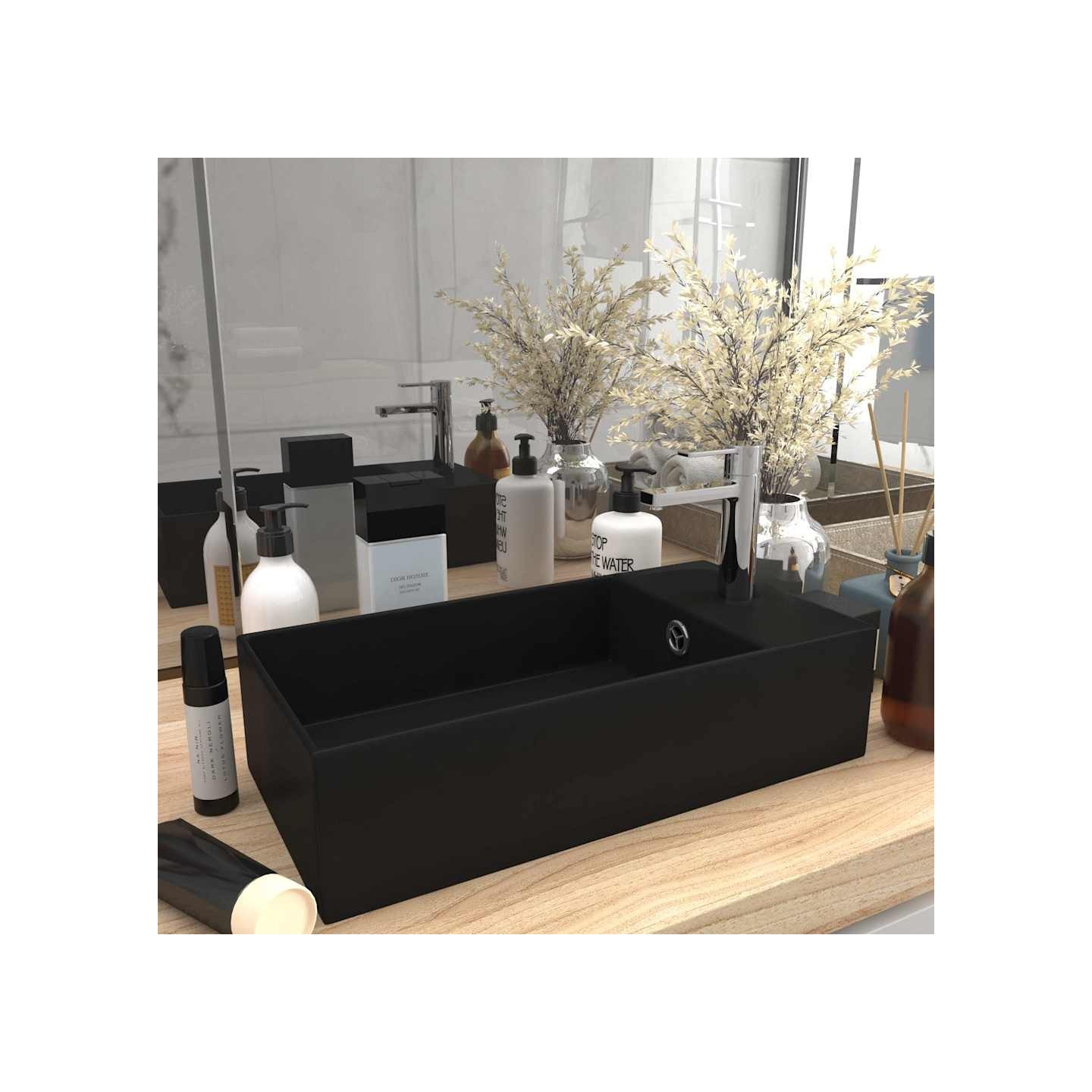 Lavabo de salle de bain avec trop-plein Céramique Noir mat