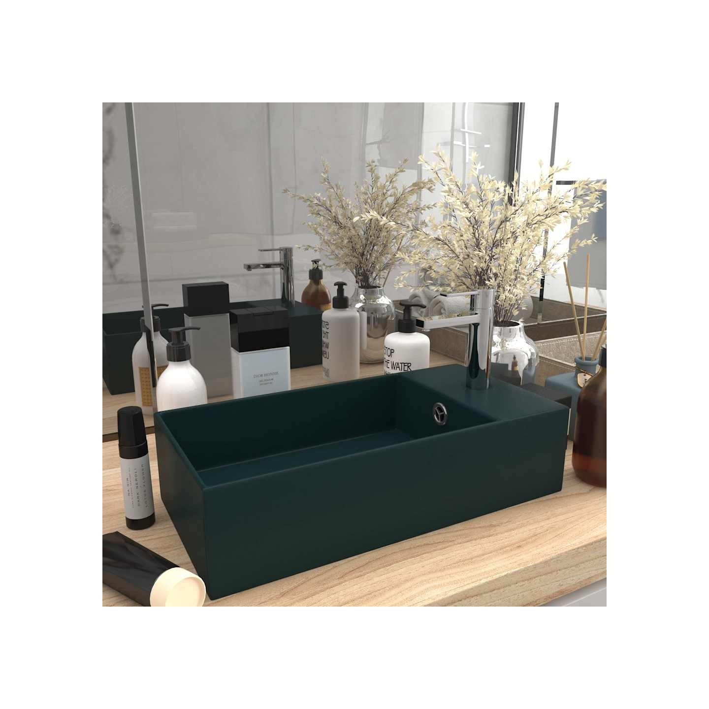 Lavabo de salle de bain avec trop-plein Céramique Vert foncé
