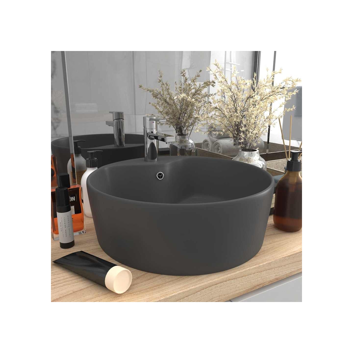 Lavabo de luxe avec trop-plein Gris foncé mat 36x13cm Céramique