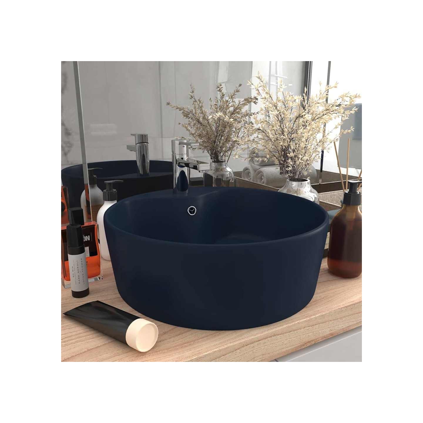 Lavabo de luxe avec trop-plein Bleu foncé mat 36x13cm Céramique