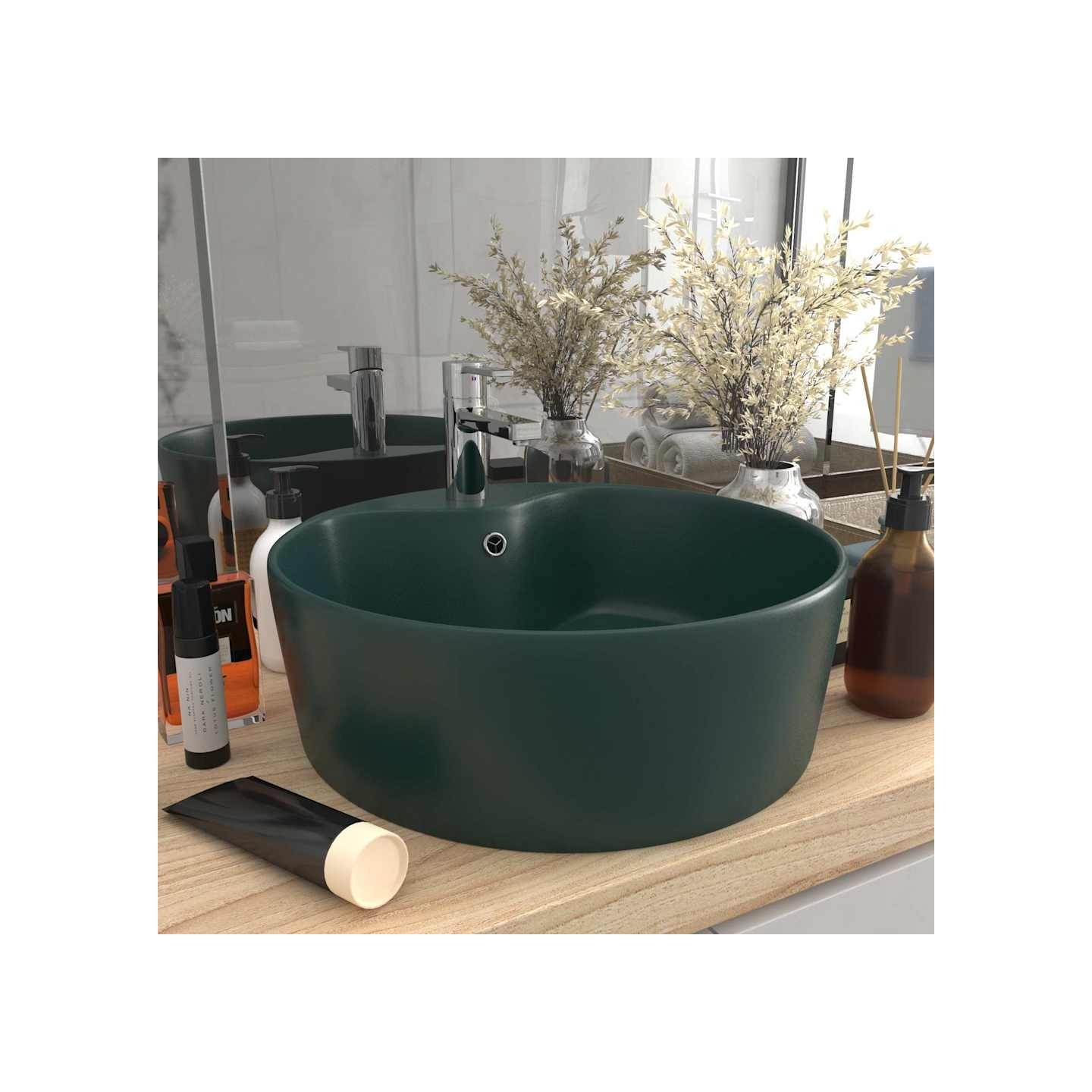 Lavabo de luxe avec trop-plein Vert foncé mat 36x13cm Céramique