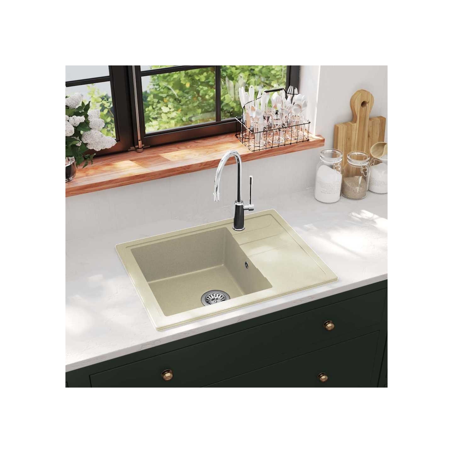 Évier de cuisine avec trou de trop-plein ovale Beige Granit