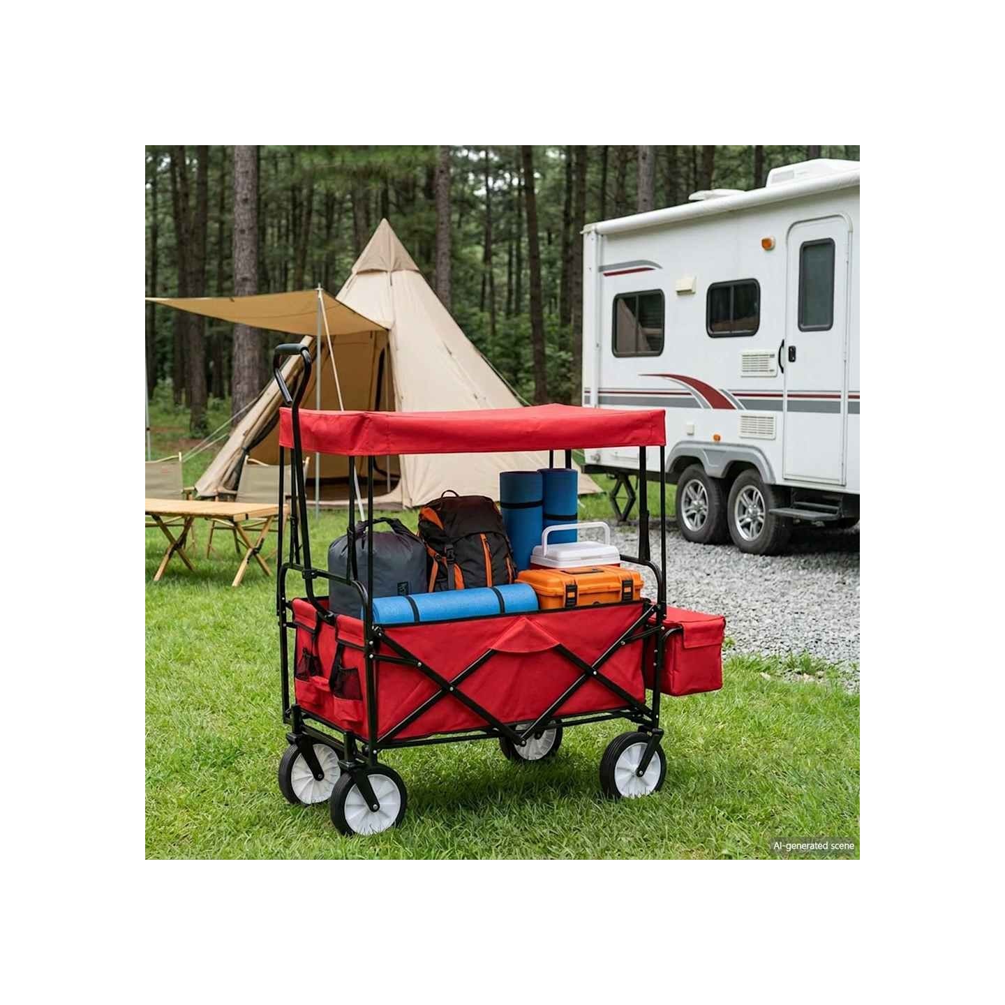 Chariot à main pliable avec toit Acier Rouge