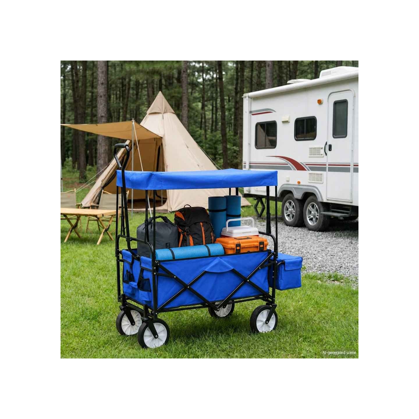 Chariot à main pliable avec toit Acier Bleu