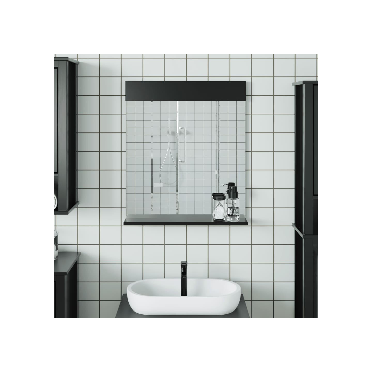 Miroir de salle de bain avec étagère BERG noir bois massif