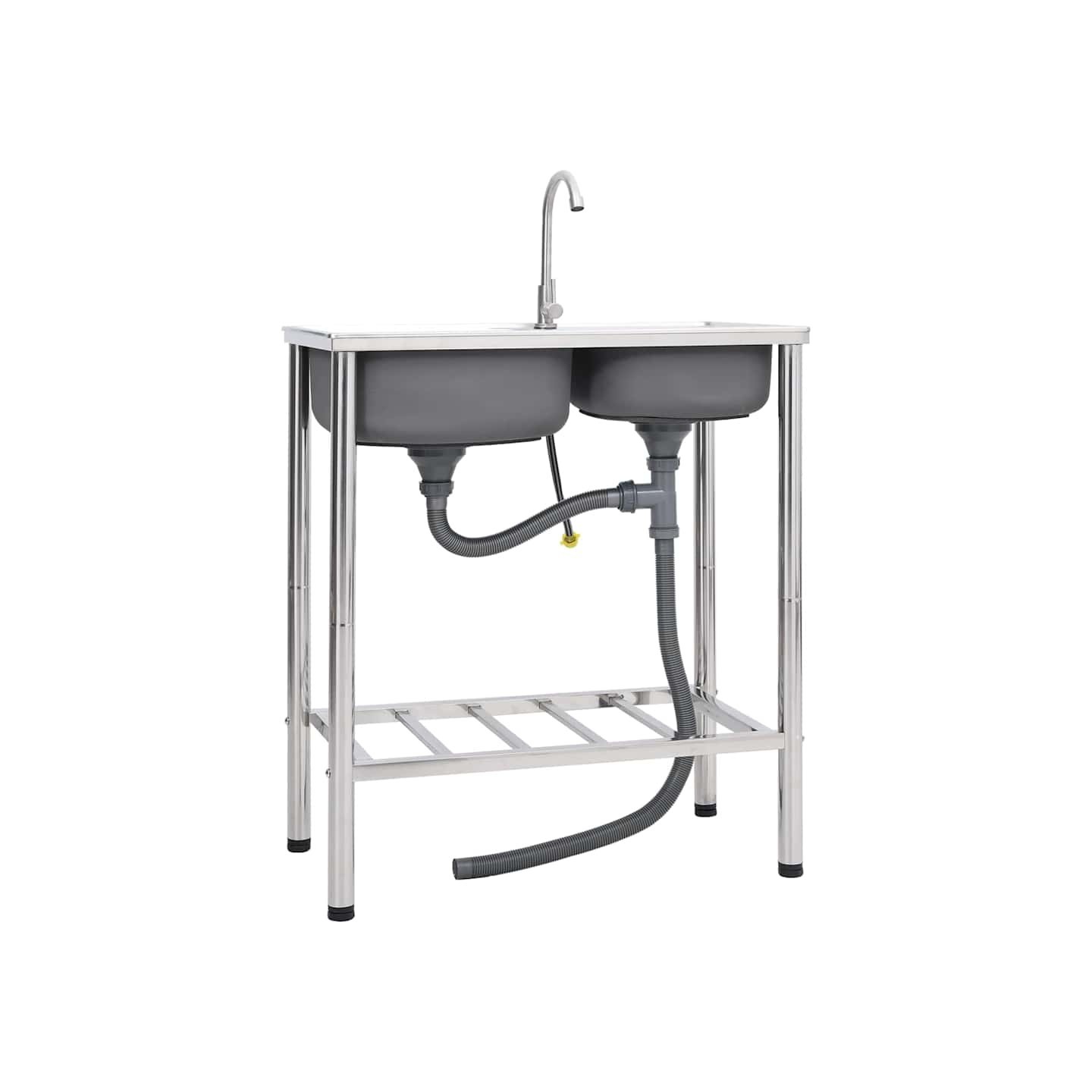 Évier de camping Double lavabo avec robinet Acier inoxydable