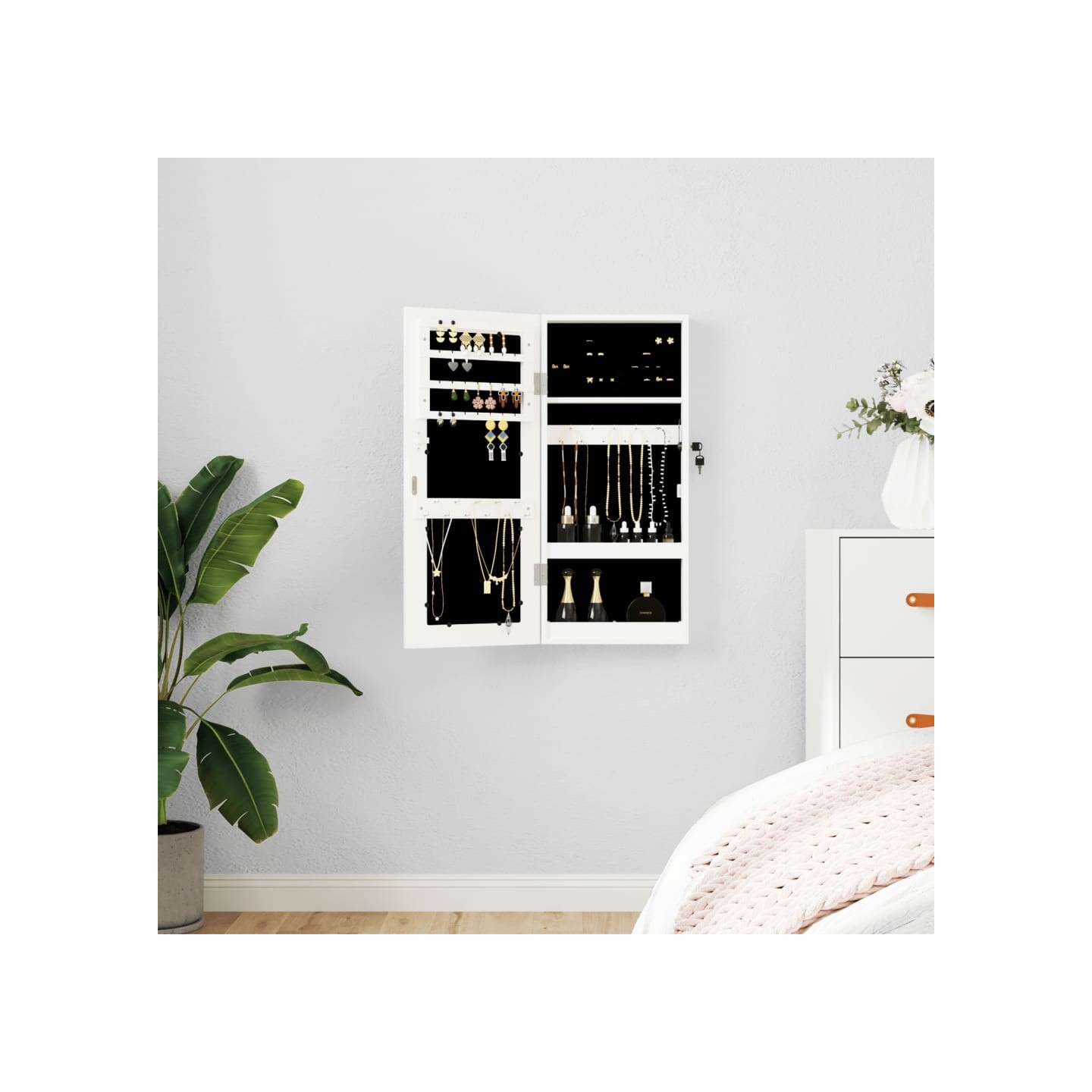 Armoire à bijoux avec miroir murale blanc 30x8,5x67 cm