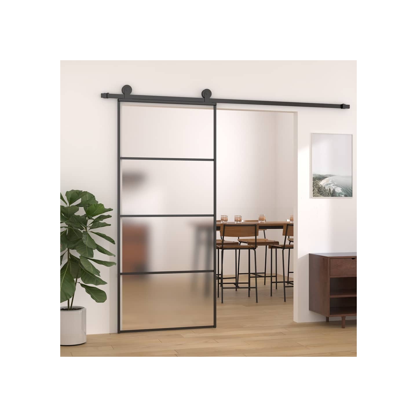 Porte coulissante Verre ESG dépoli et aluminium 90x205 cm Noir