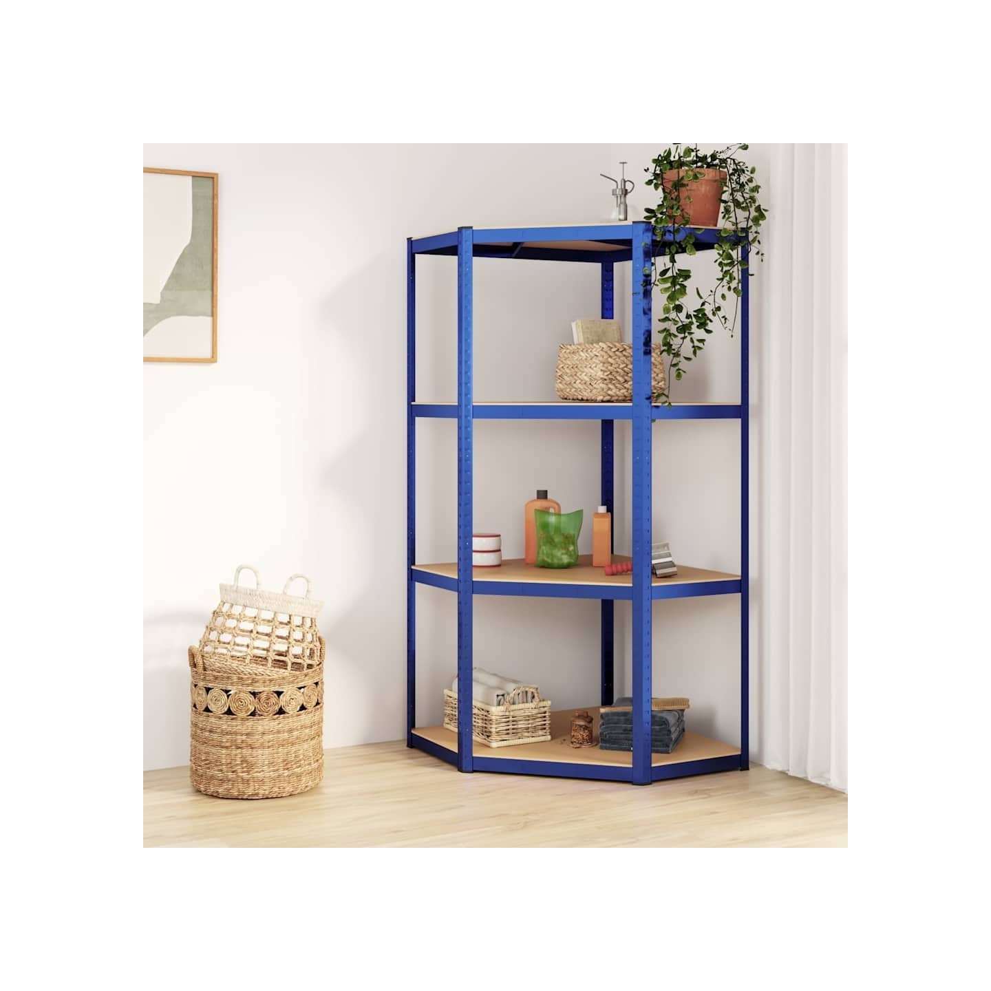 Étagère d'angle à 4 niveaux Bleu Acier et bois d'ingénierie