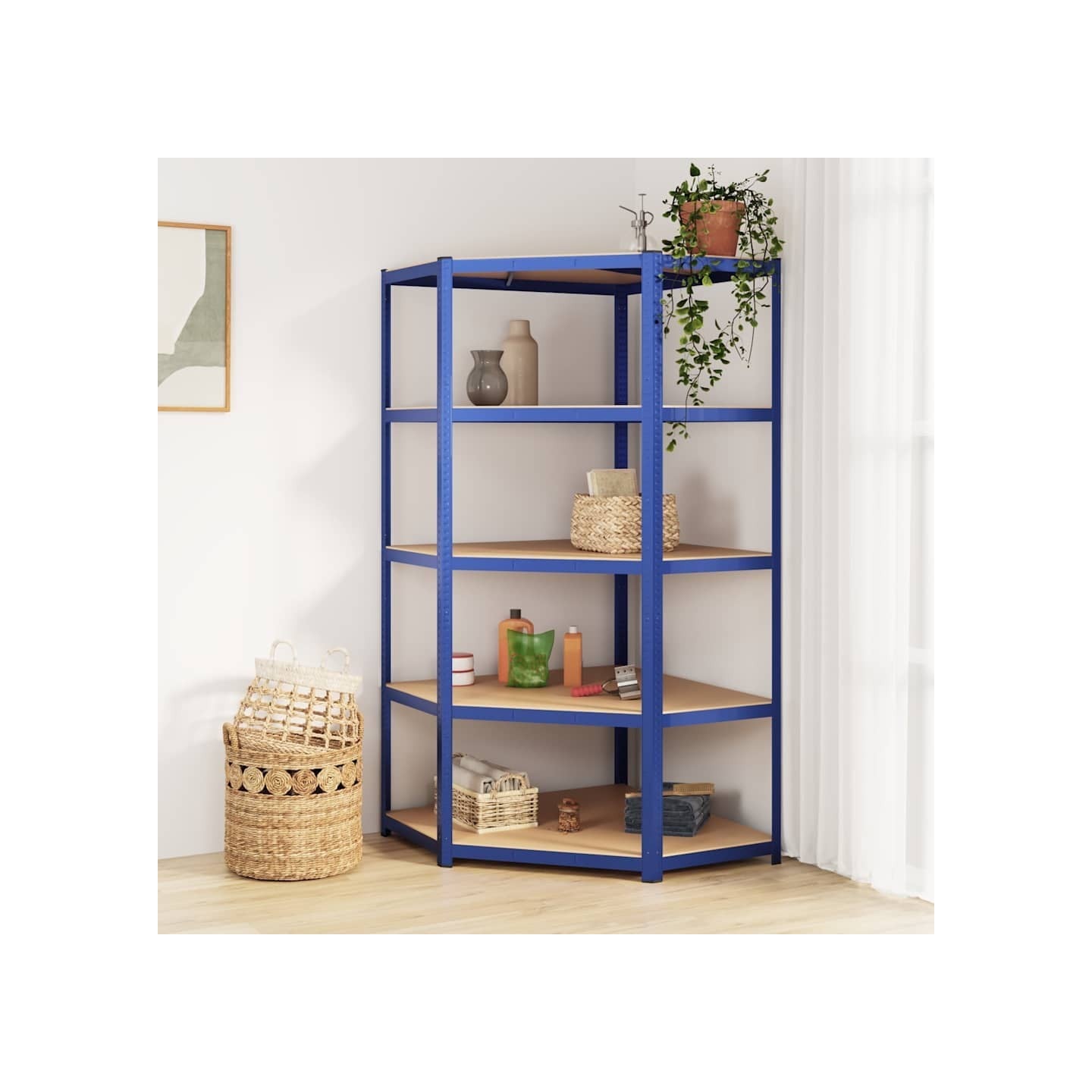 Étagère d'angle à 5 niveaux Bleu Acier et bois d'ingénierie