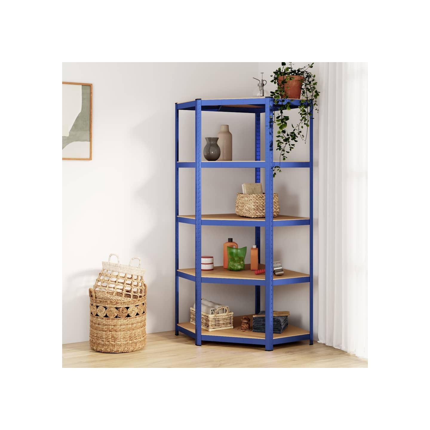 Étagère d'angle à 5 niveaux Bleu Acier et bois d'ingénierie