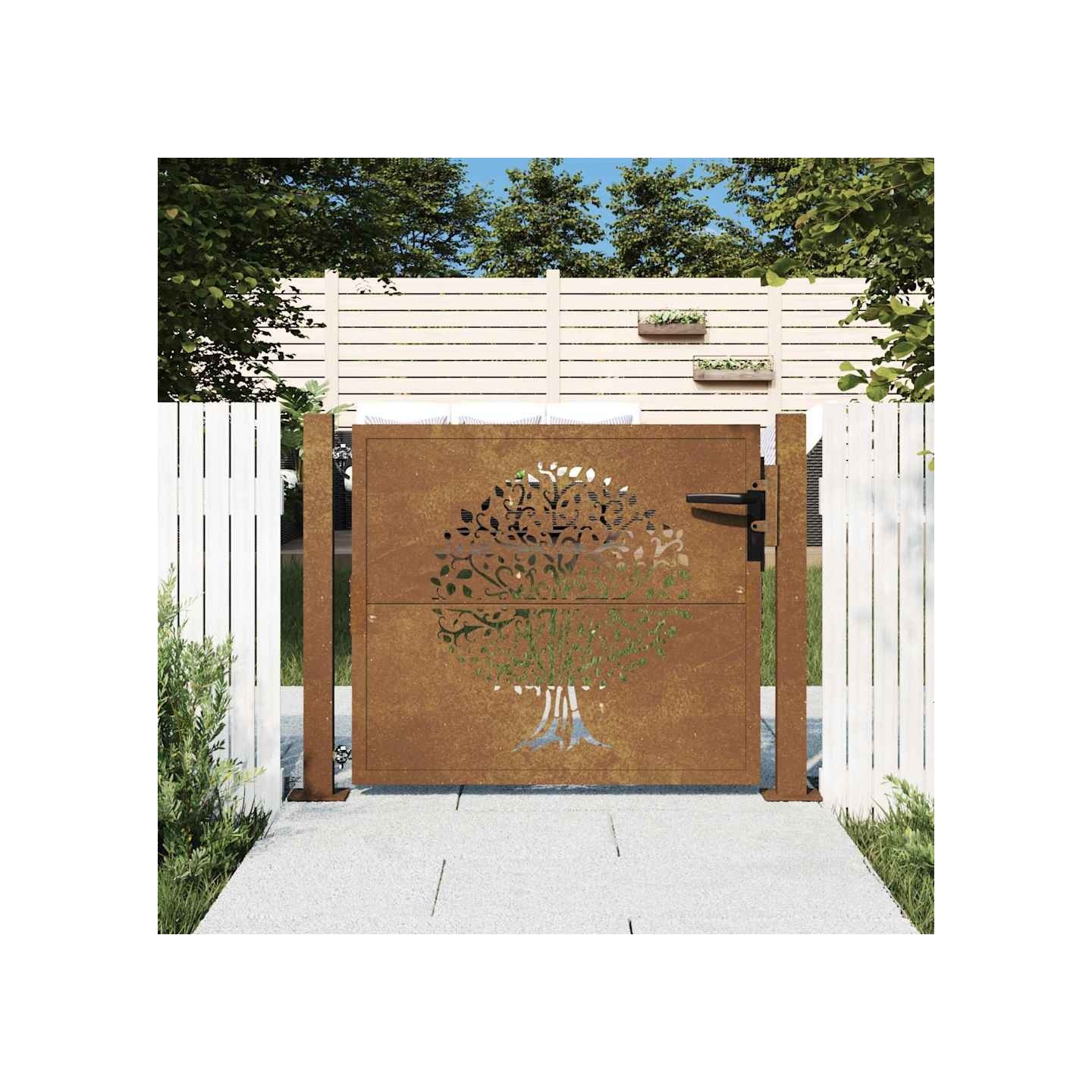 Portail de jardin 100x75 cm en acier Corten motif arbre