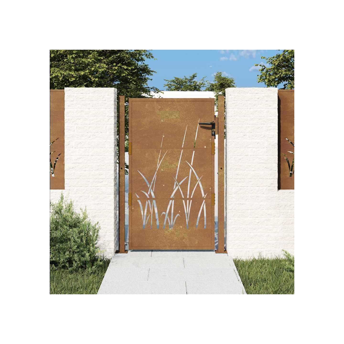 Portail de jardin 100x125 cm en acier Corten avec motif gazon