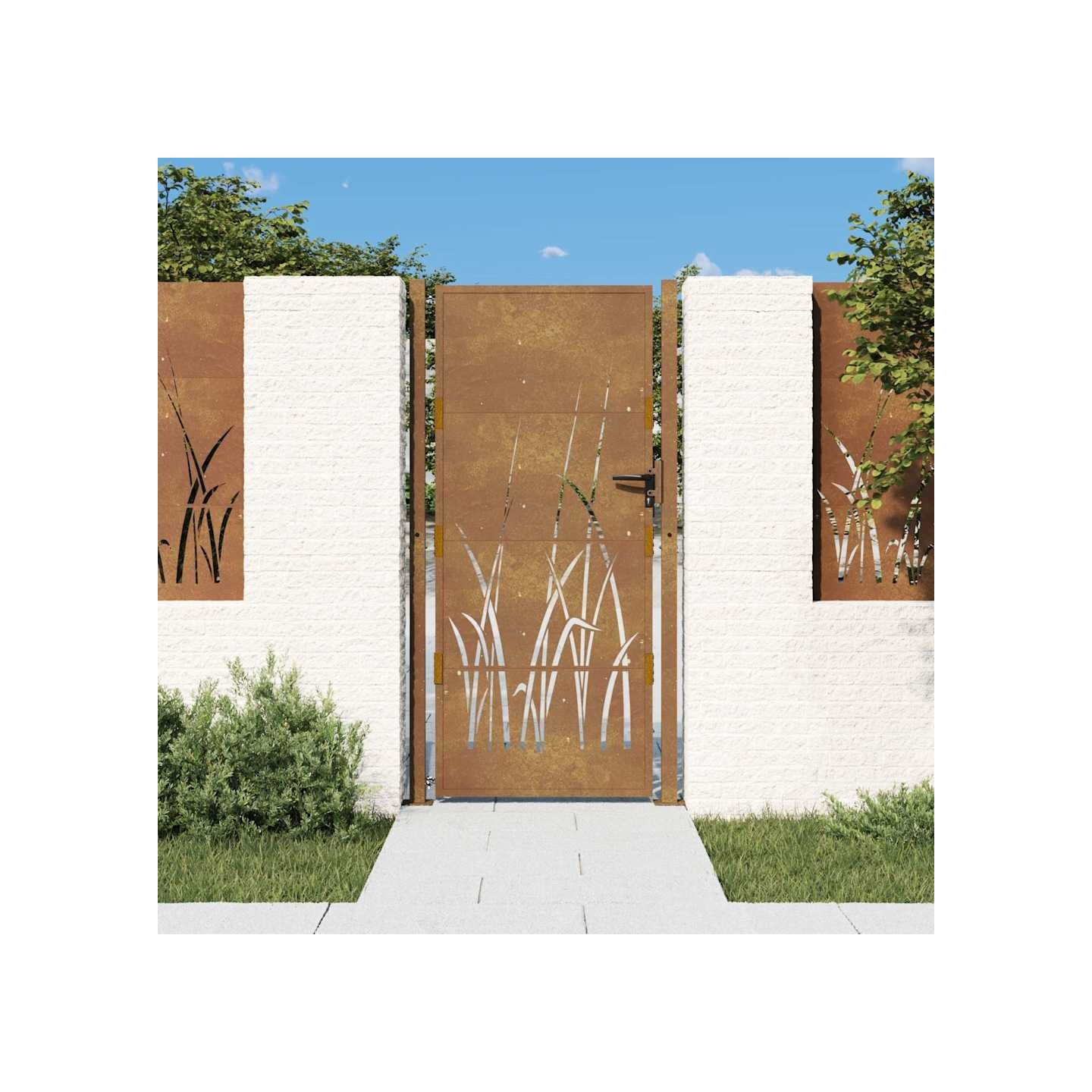 Portail de jardin 100x175 cm en acier Corten avec motif gazon