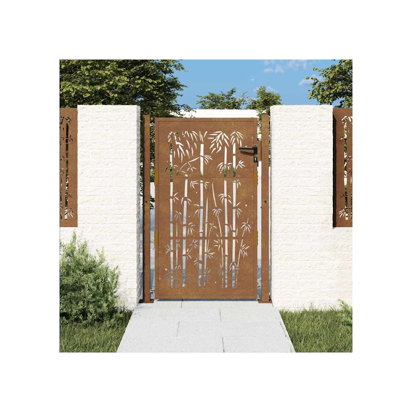 Portail de jardin 100x125 cm en acier Corten et design bambou