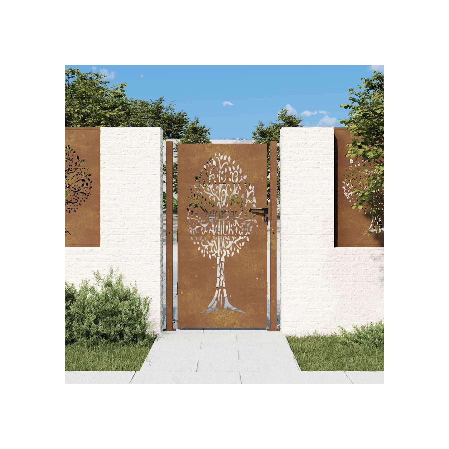 Portail de jardin 100x175 cm en acier Corten avec motif arbre