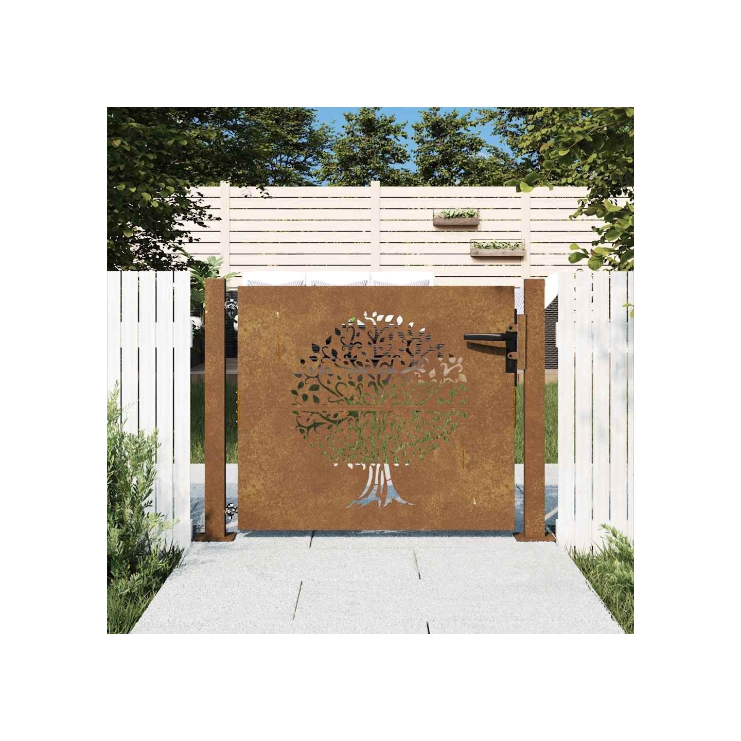 Portail de jardin 100x100 cm en acier Corten avec motif arbre