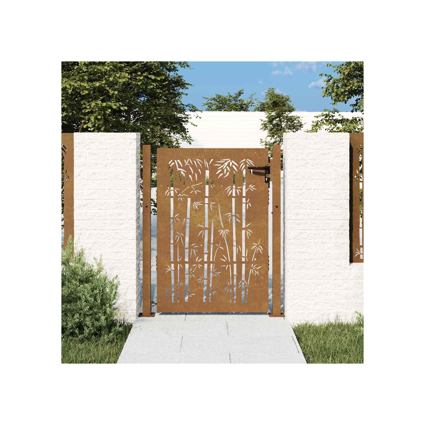 Portail de jardin 100x125 cm en acier Corten et design bambou