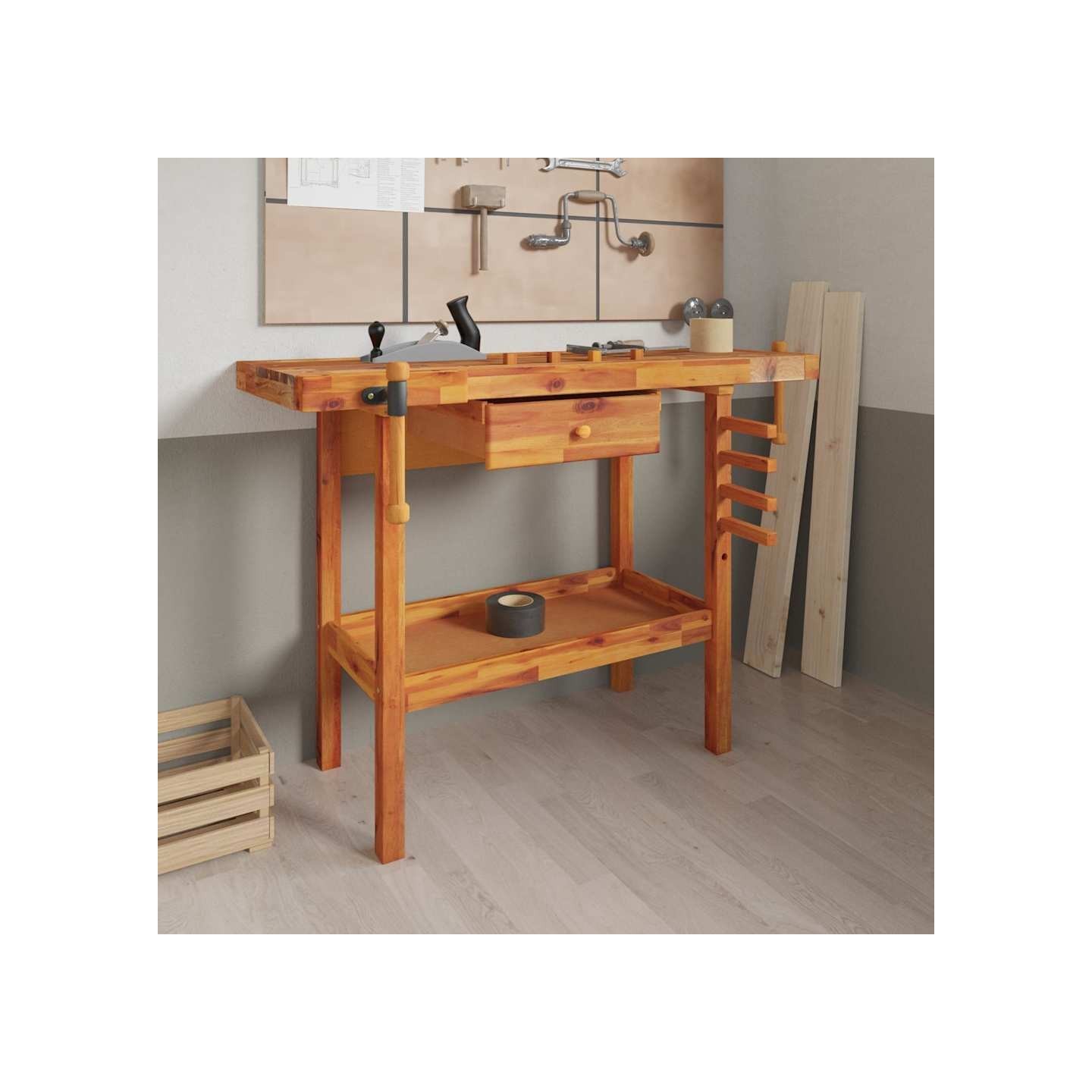 Établi avec tiroir et étaux 124 x 52 x 83 cm Bois massif d'acacia