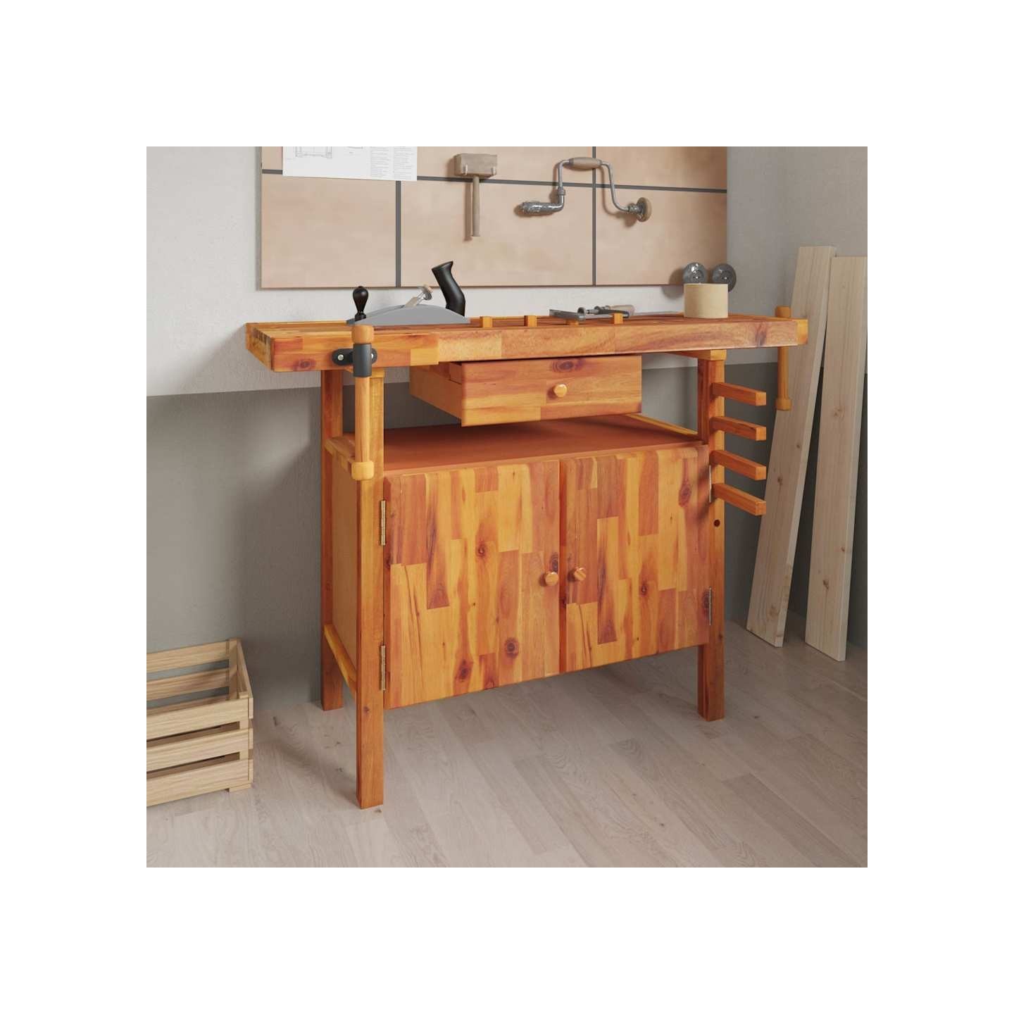 Établi avec tiroir et étaux 124 x 52 x 83 cm Bois massif d'acacia