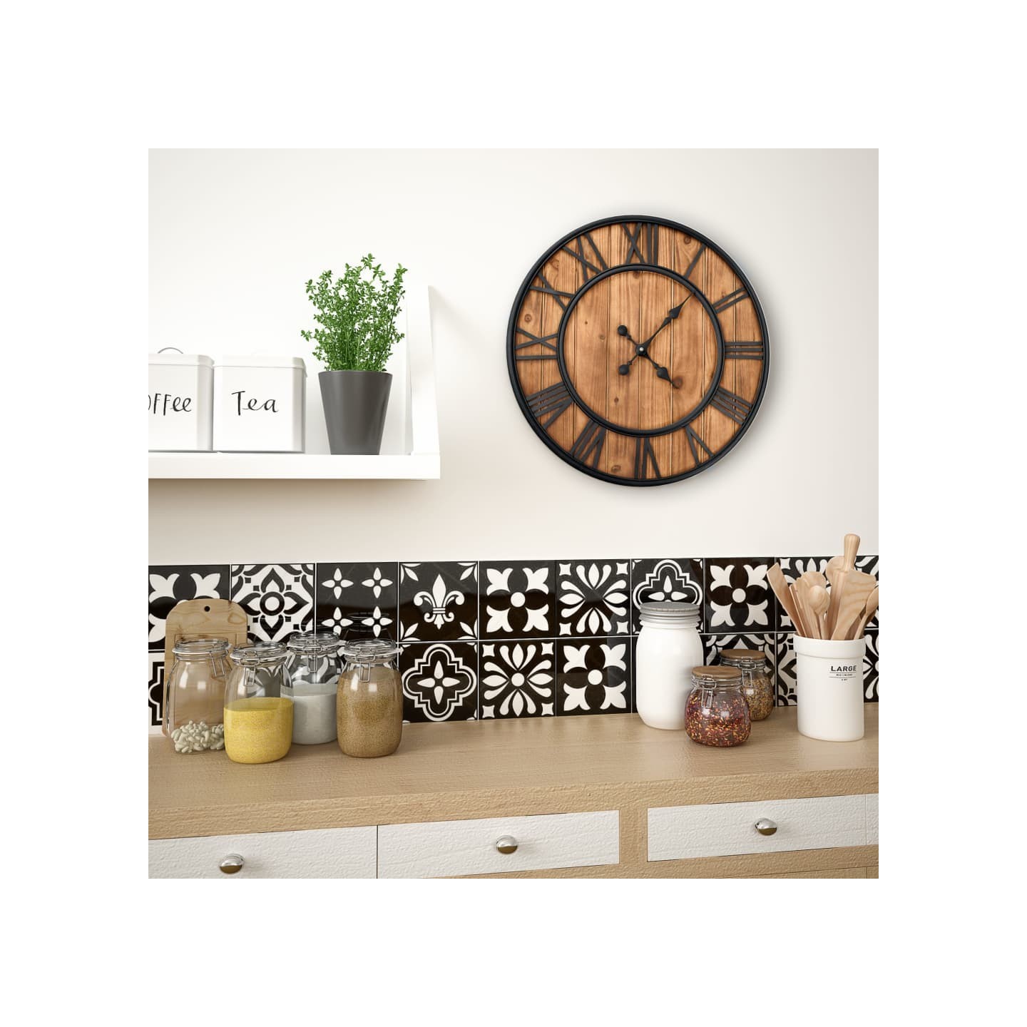 Horloge murale vintage à quartz Bois et métal 60 cm XXL