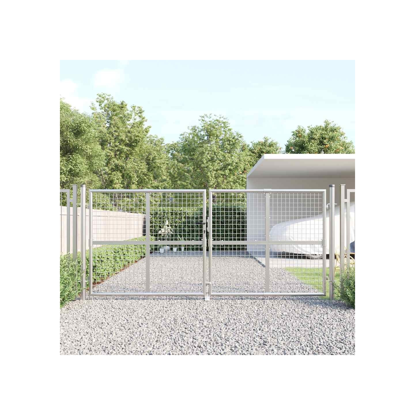 Portail de jardin grillagé argenté 300 x 125 cm en acier galvanisé