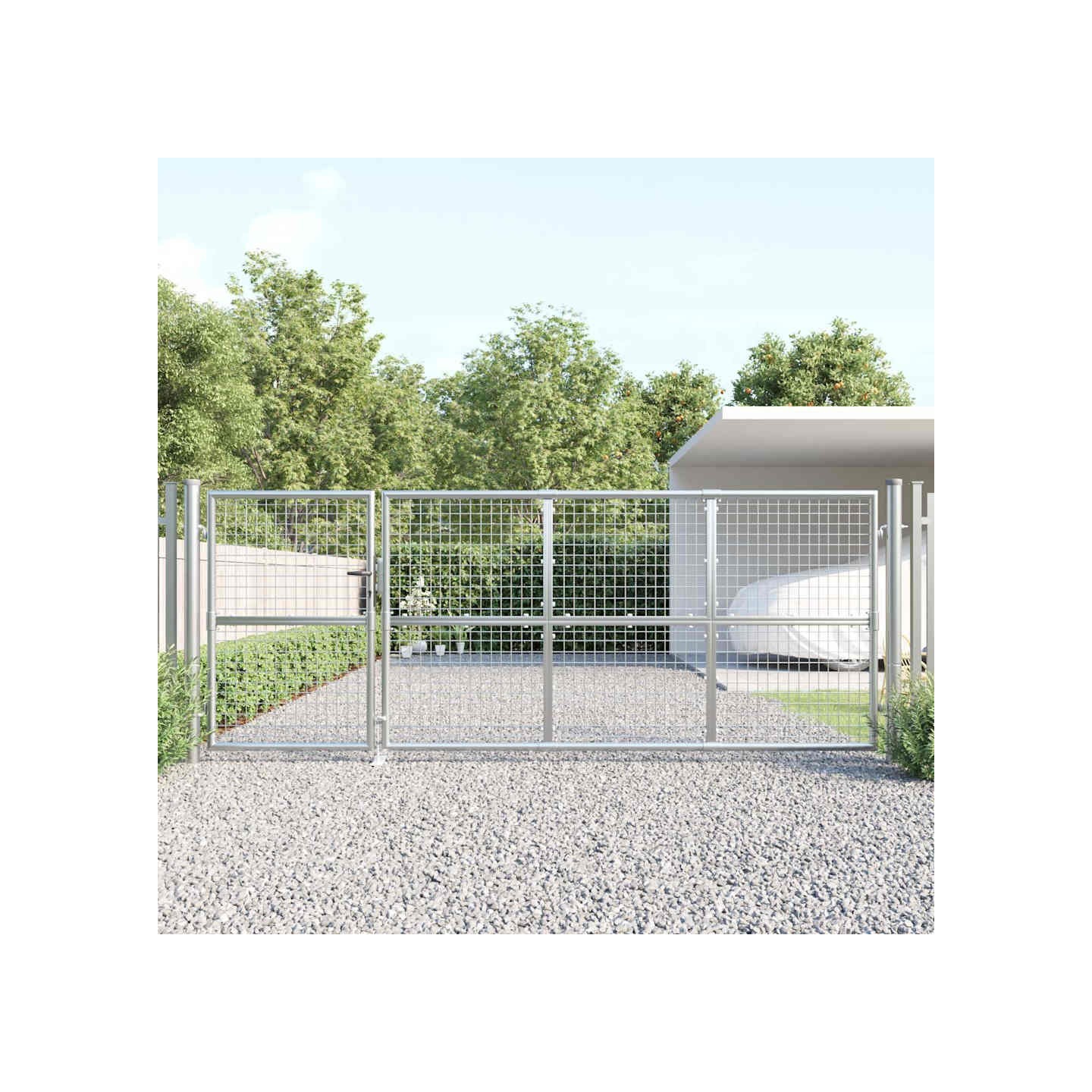 Portail de jardin grillagé argenté 350 x 125 cm en acier galvanisé