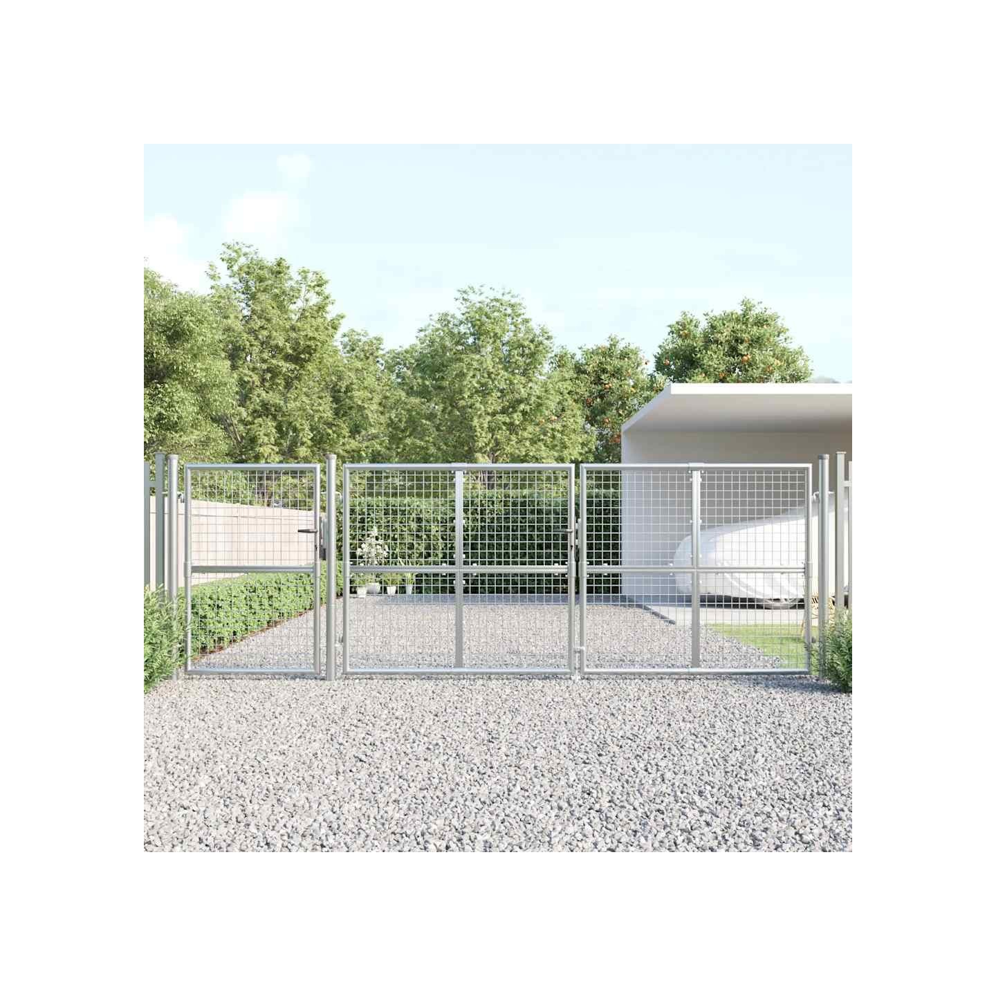 Portail de jardin grillagé argenté 400 x 125 cm en acier galvanisé