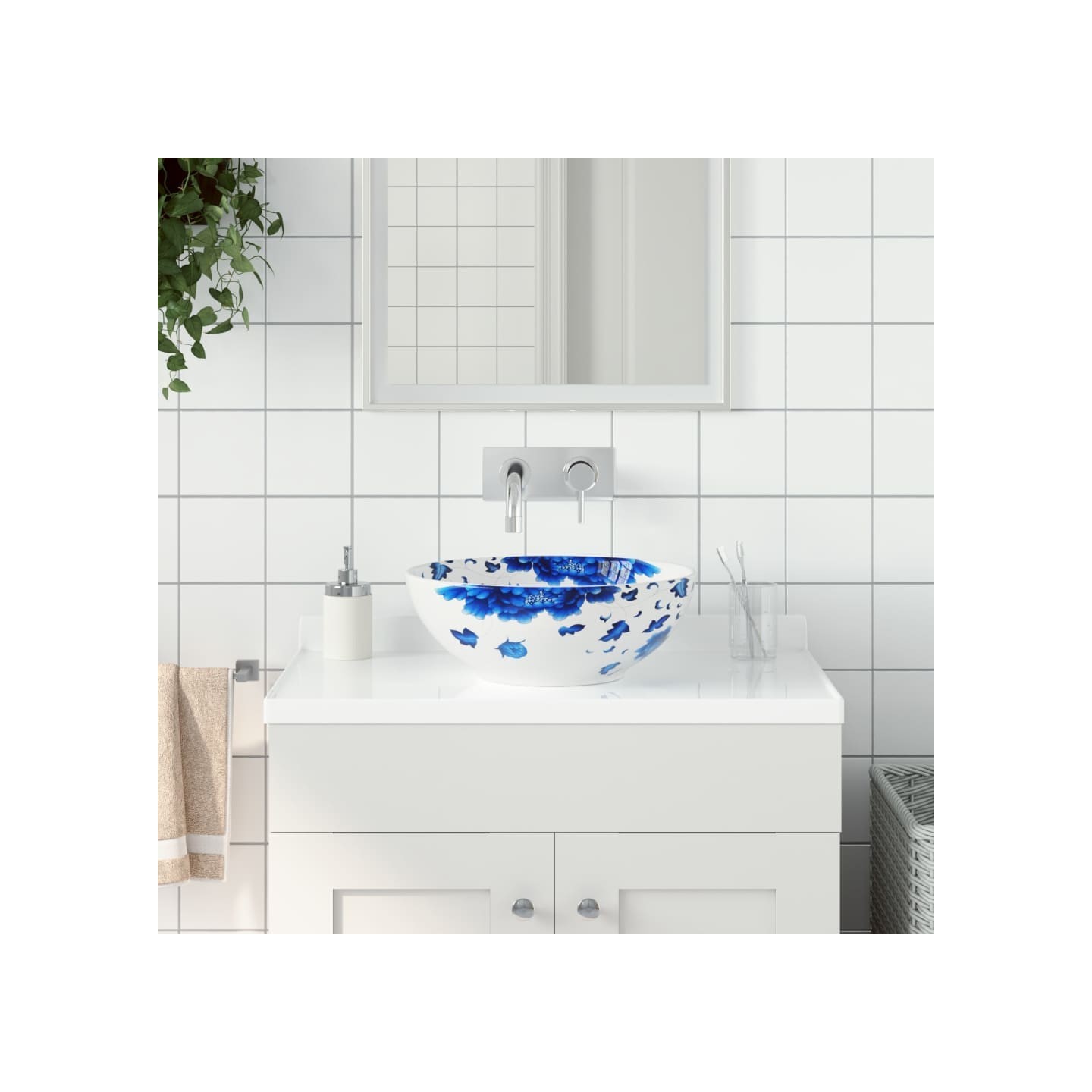 Vasque à poser blanc et bleu rond Φ41x14 cm céramique