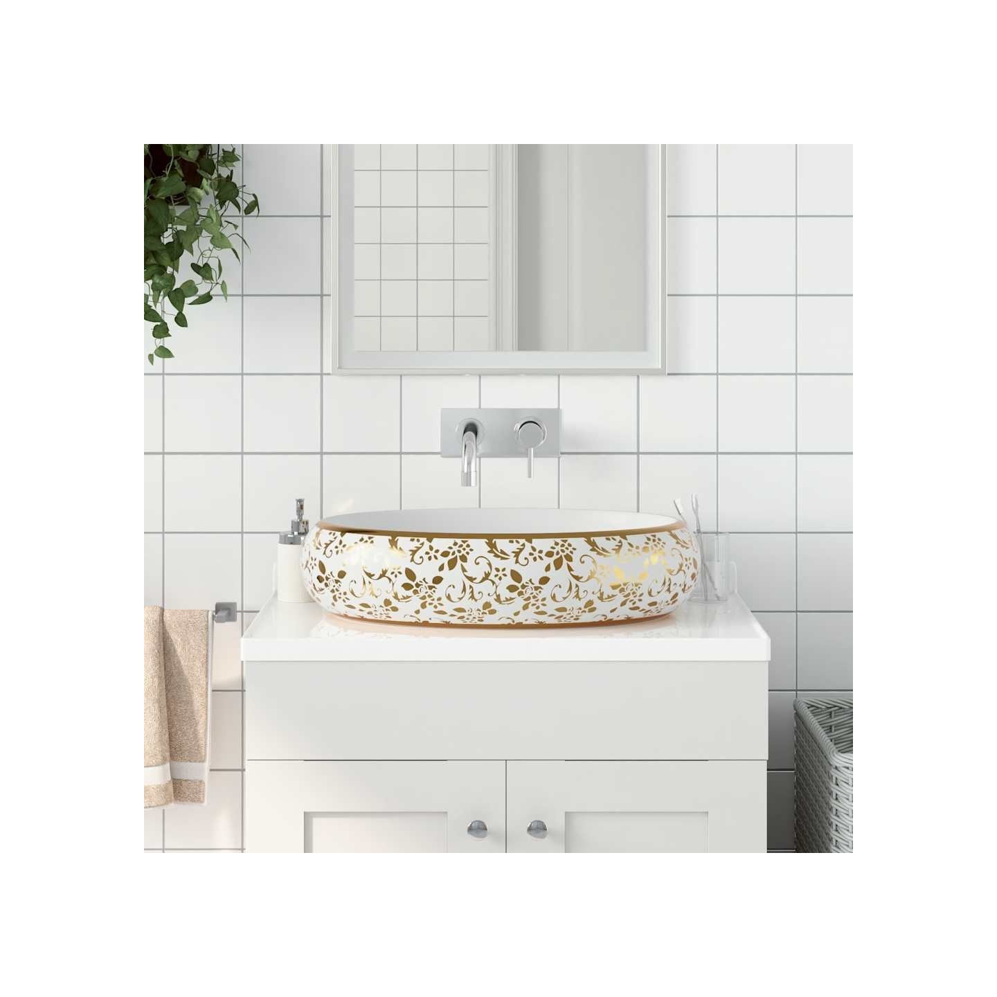Vasque à poser blanc et doré ovale 59x40x15 cm céramique