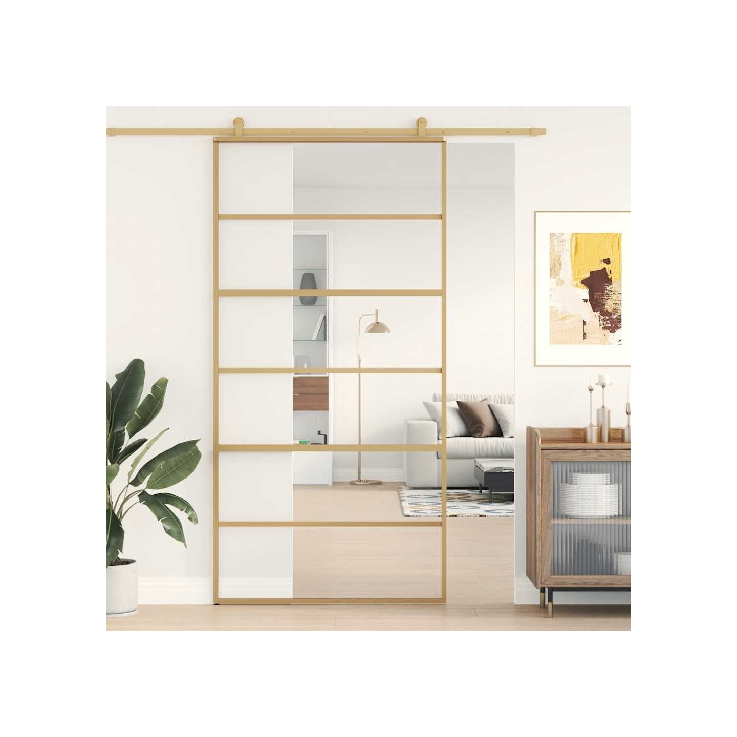 Porte coulissante doré 102,5x205cm verre ESG clair et aluminium