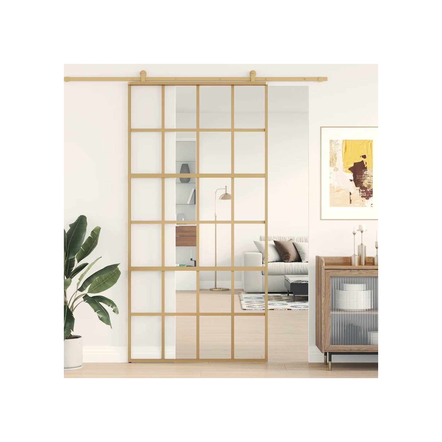 Porte coulissante doré 102,5x205cm verre ESG clair et aluminium