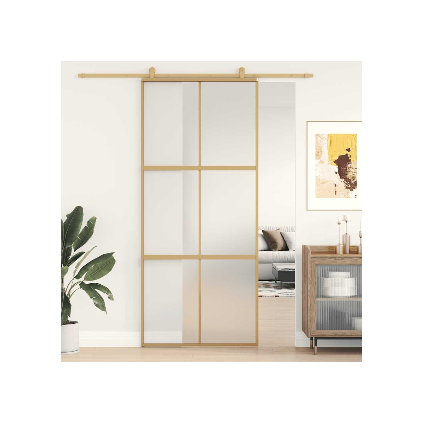 Porte coulissante doré 90x205 cm verre ESG dépoli et aluminium