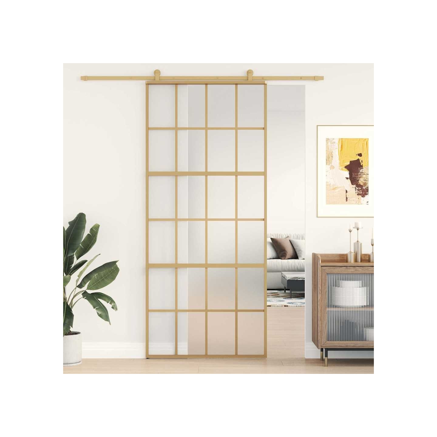 Porte coulissante doré 90x205 cm verre ESG dépoli et aluminium