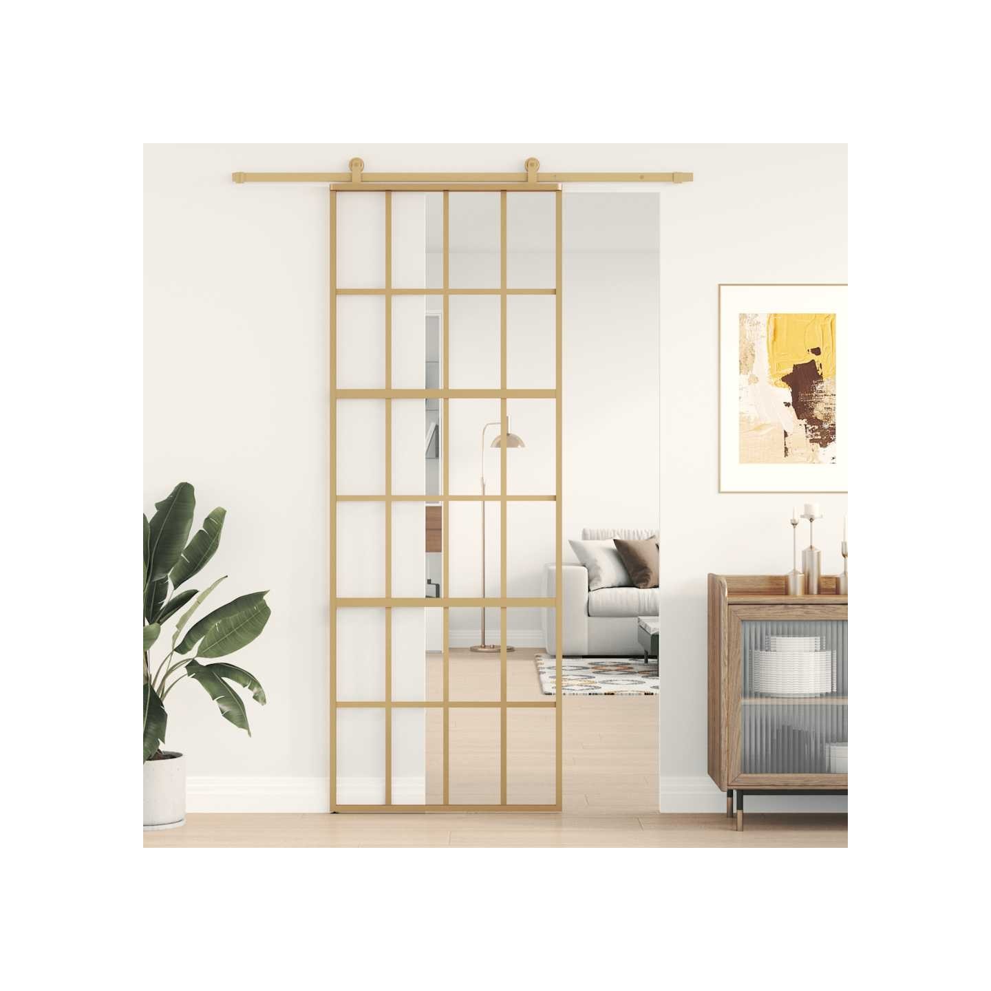 Porte coulissante doré 76x205 cm verre ESG clair et aluminium