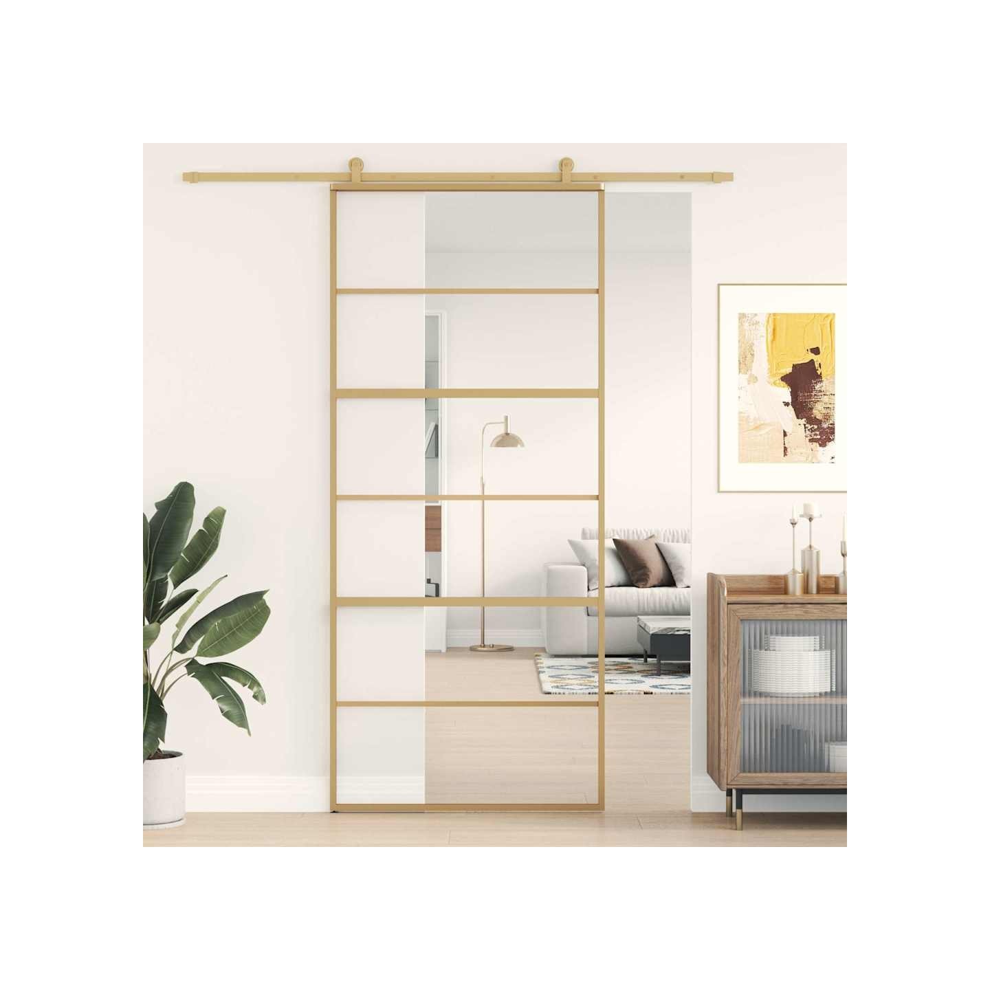 Porte coulissante doré 90x205 cm verre ESG clair et aluminium