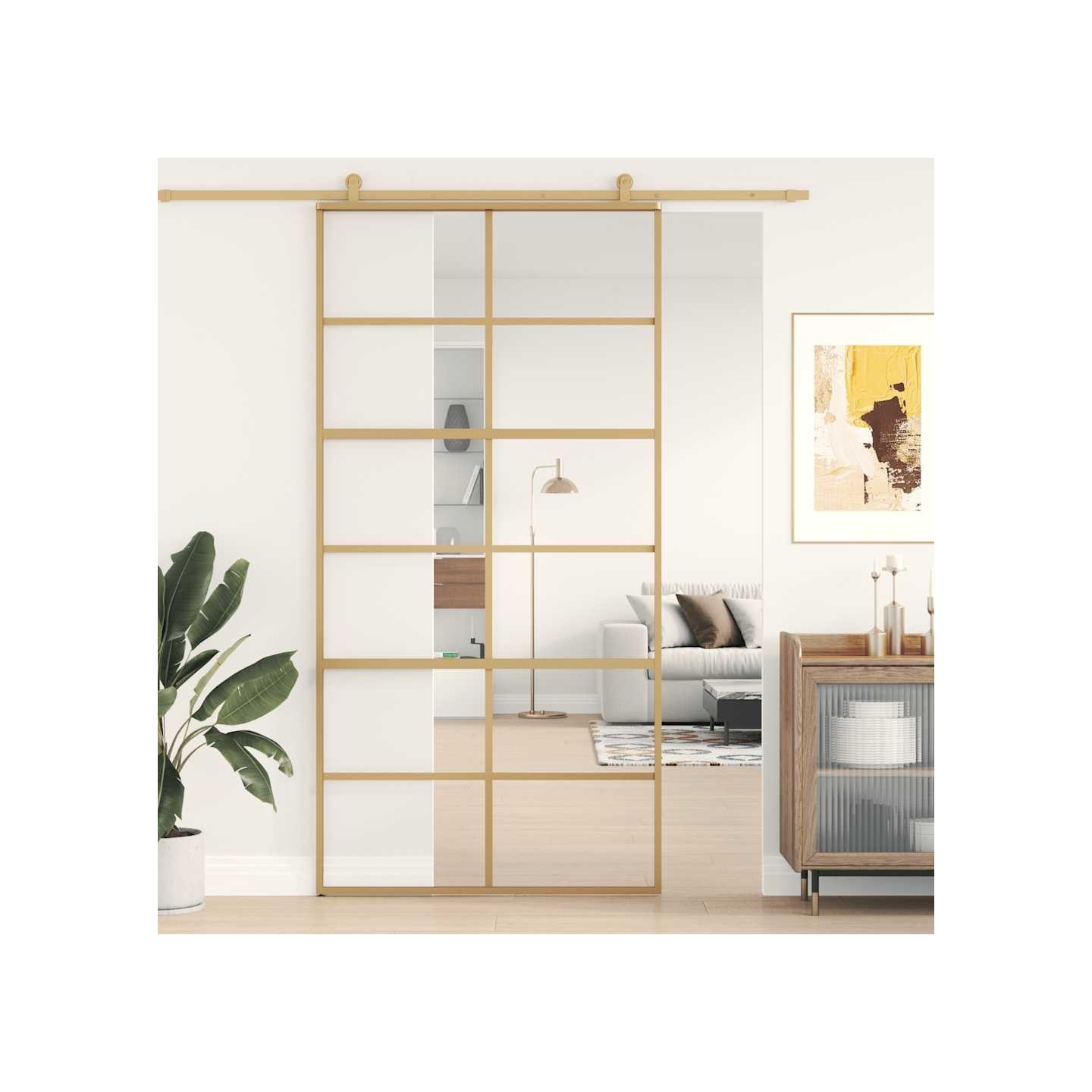 Porte coulissante doré 102,5x205cm verre ESG clair et aluminium
