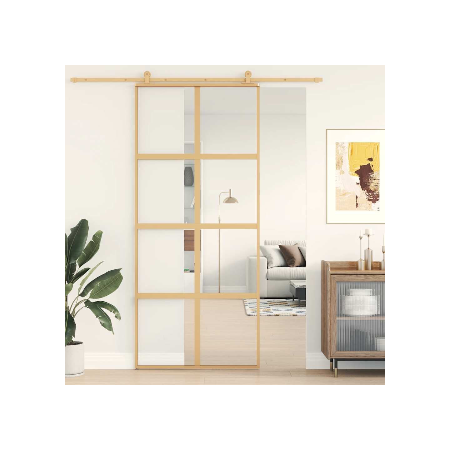 Porte coulissante doré 90x205 cm verre ESG clair et aluminium