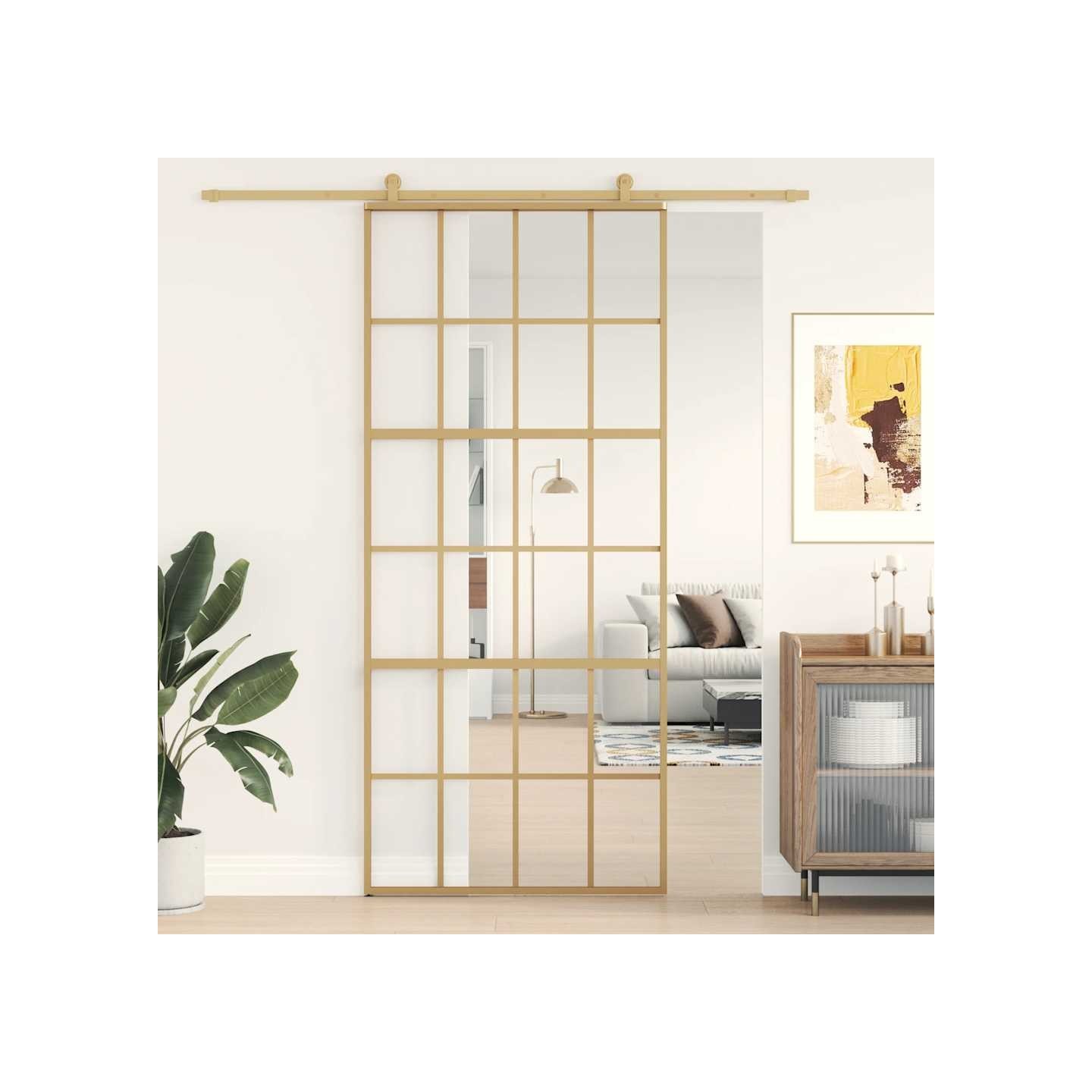Porte coulissante doré 90x205 cm verre ESG clair et aluminium
