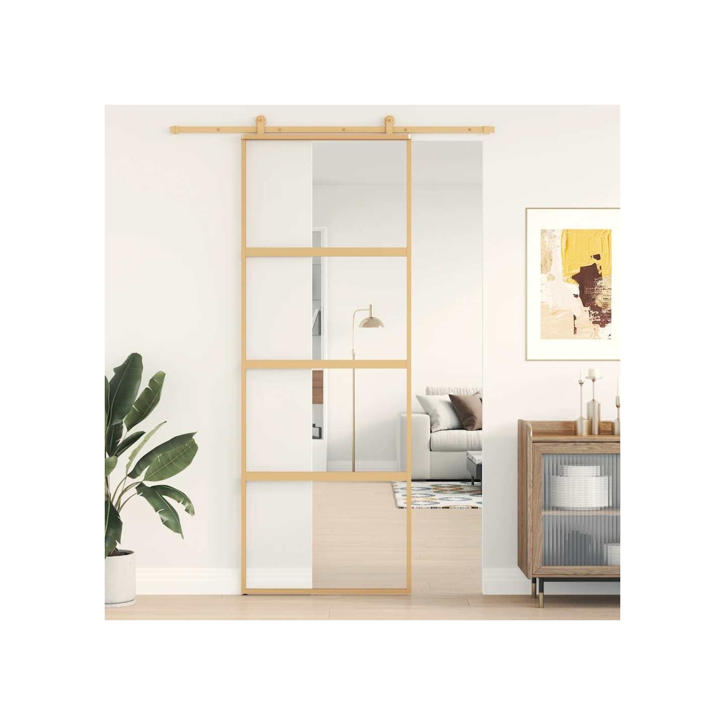 Porte coulissante doré 76x205 cm verre ESG clair et aluminium
