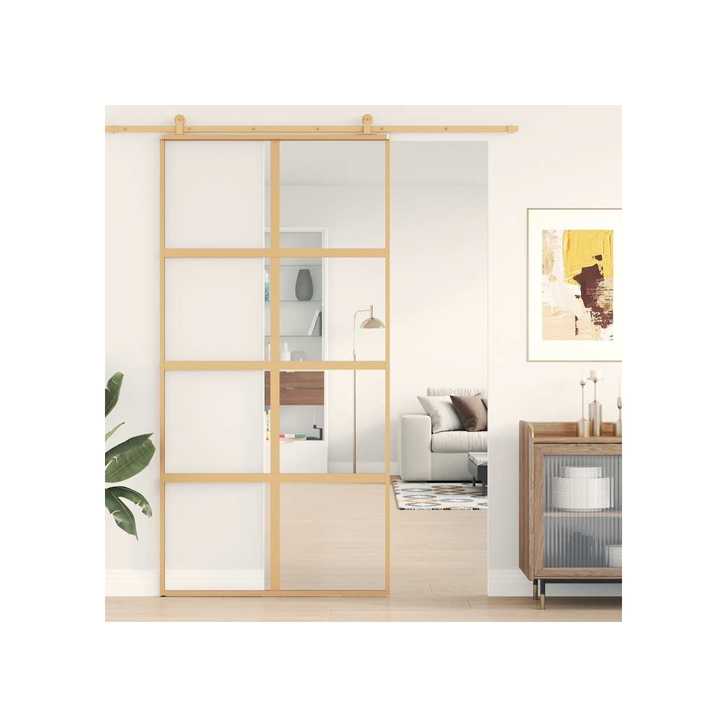Porte coulissante doré 102,5x205cm verre ESG clair et aluminium