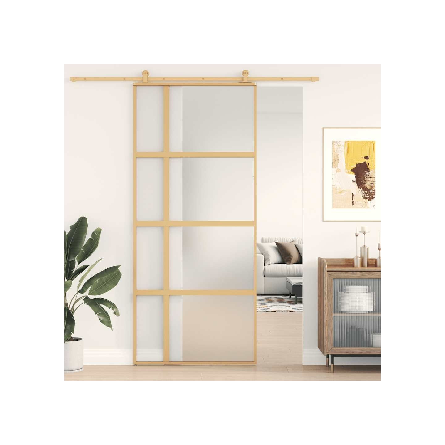 Porte coulissante doré 90x205 cm verre ESG dépoli et aluminium