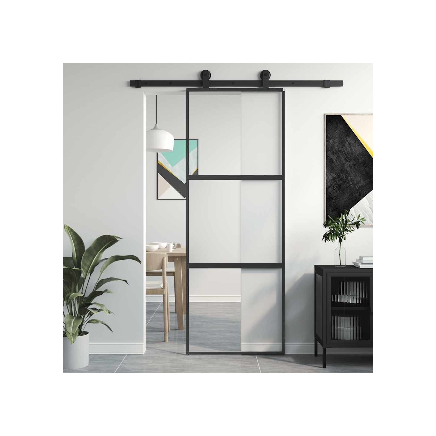 Porte coulissante noir 76x205 cm verre trempé aluminium