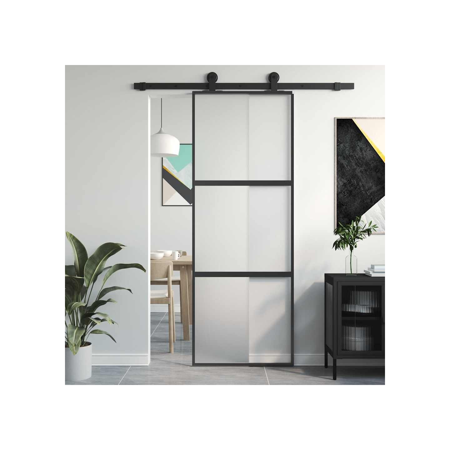 Porte coulissante noir 76x205 cm verre trempé aluminium